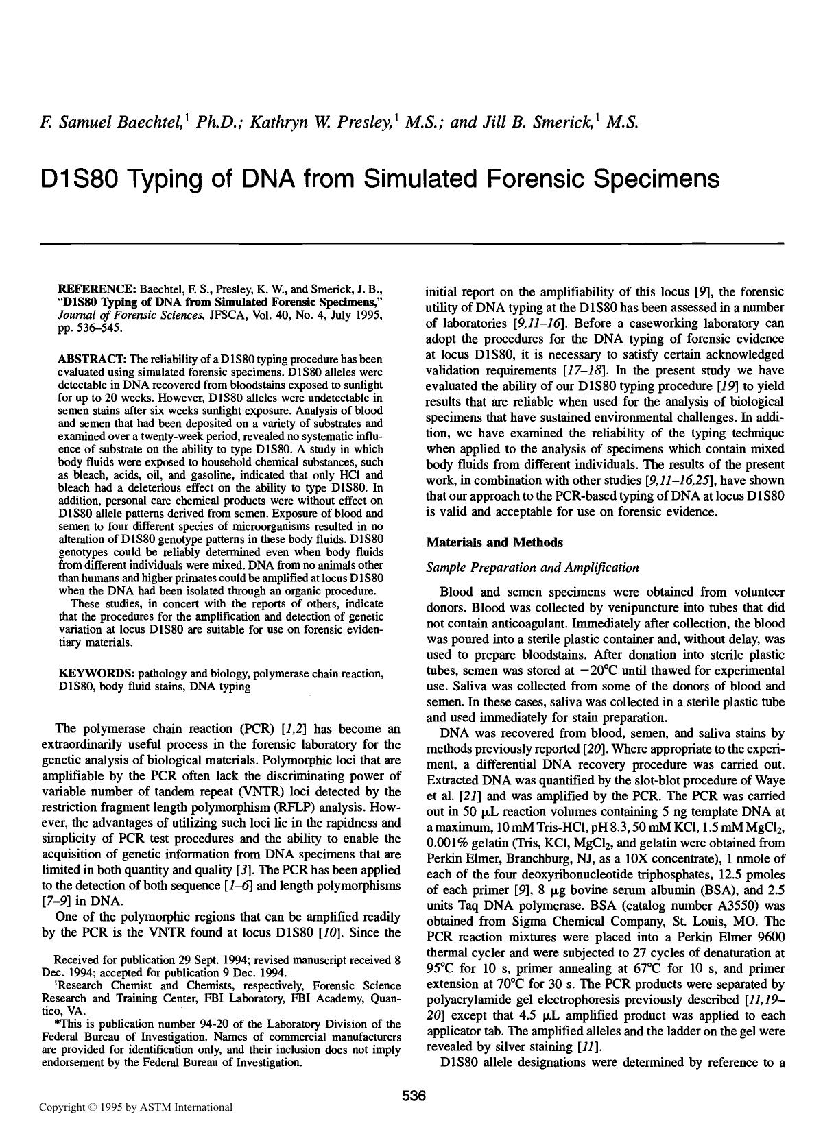 D1S8O Typing of DNA from Simulated Forensic Specimens by Baechtel FS Presley KW Smerick JB
