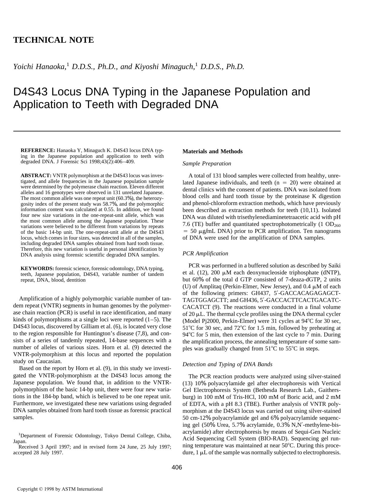 D4S43 locus DNA typing in the Japanese population and application to teeth with degraded DNA by Hanaoka Y Minaguch K
