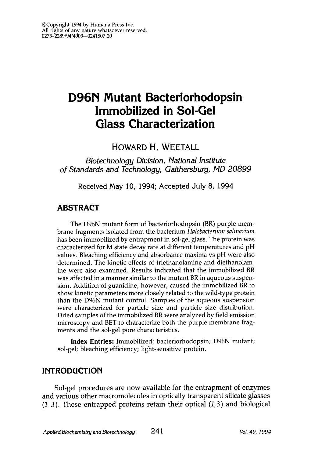 D96N mutant bacteriorhodopsin immobilized in sol-gel glass characterization by Unknown