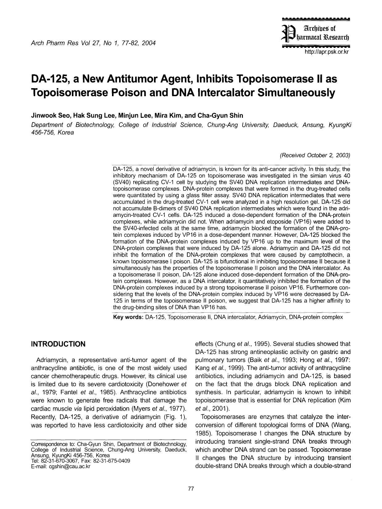 DA-125, a new antitumor agent, inhibits topoisomerase ii as topoisomerase poison and dna intercalator simultaneously by Unknown