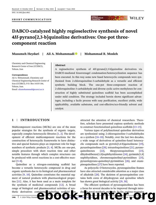 DABCOâcatalyzed highly regioselective synthesis of novel 4Hâpyrano[2,3âb]quinoline derivatives: Oneâpot threeâcomponent reaction by Unknown