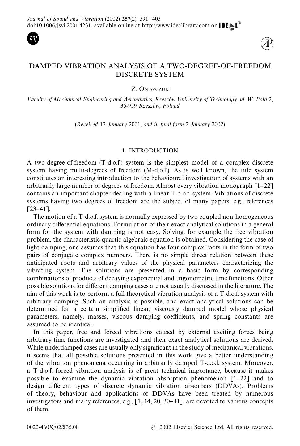 DAMPED VIBRATION ANALYSIS OF A TWO-DEGREE-OF-FREEDOM DISCRETE SYSTEM by ONISZCZUK Z