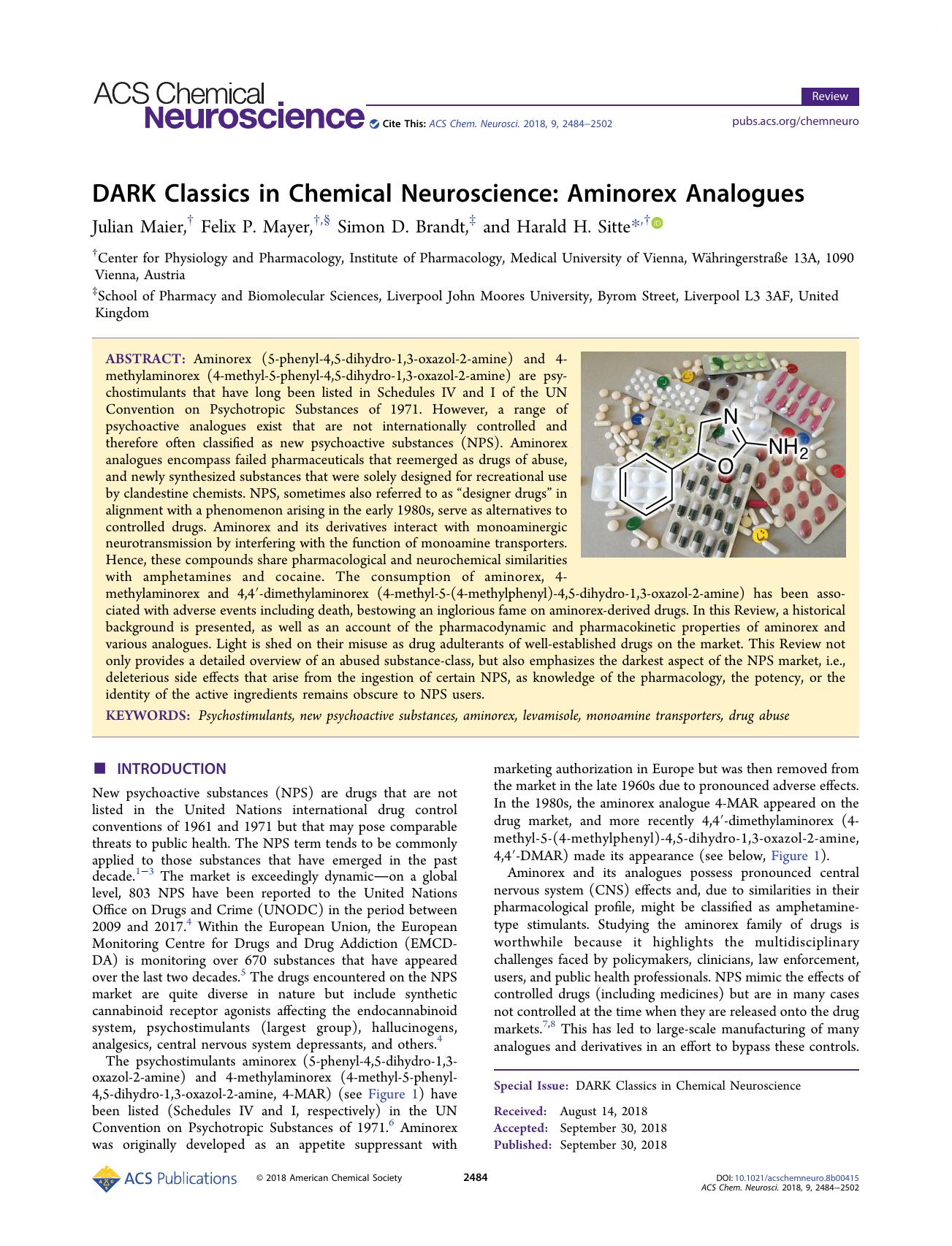 DARK Classics in Chemical Neuroscience: Aminorex Analogues by Julian Maier Felix P. Mayer Simon D. Brandt and Harald H. Sitte
