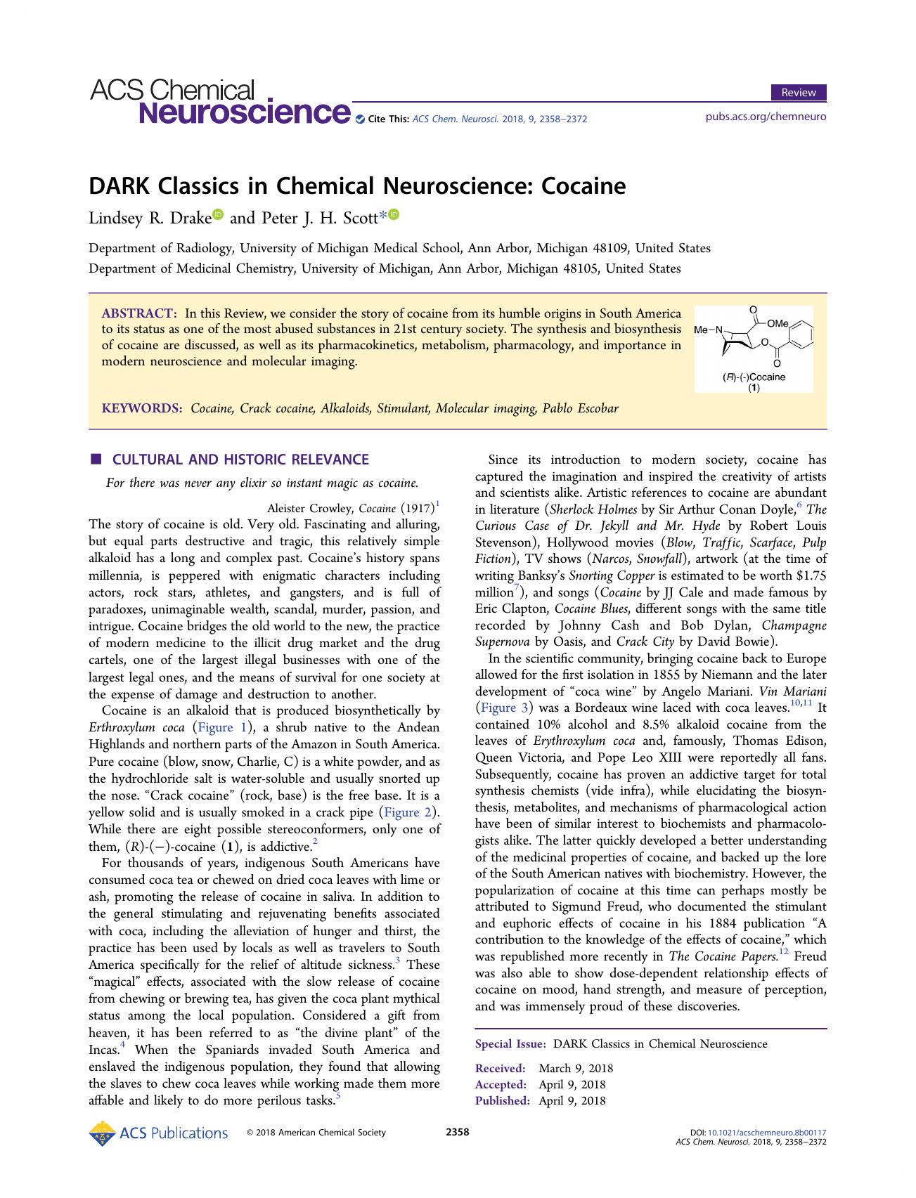 DARK Classics in Chemical Neuroscience: Cocaine by Lindsey R. Drake and Peter J. H. Scott