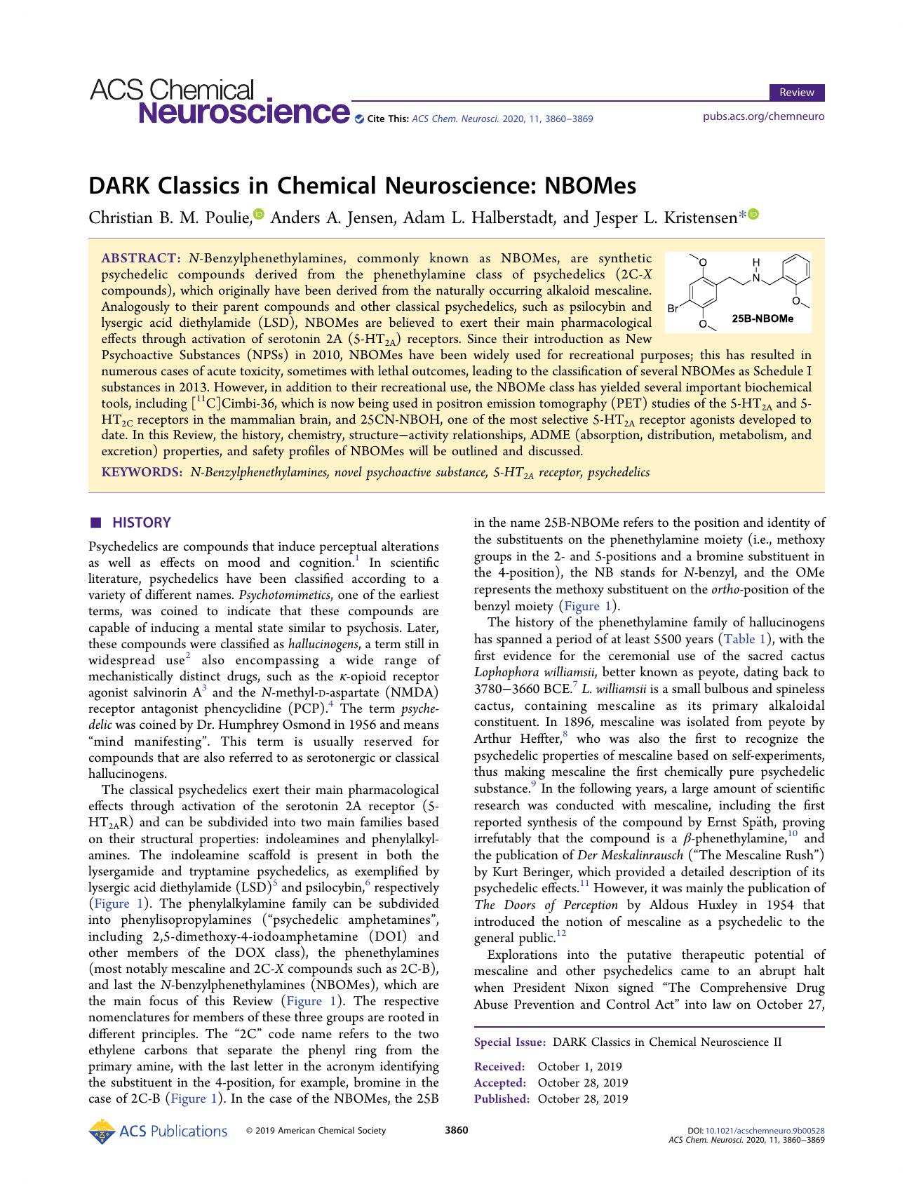 DARK Classics in Chemical Neuroscience: NBOMes by Christian B. M. Poulie Anders A. Jensen Adam L. Halberstadt and Jesper L. Kristensen