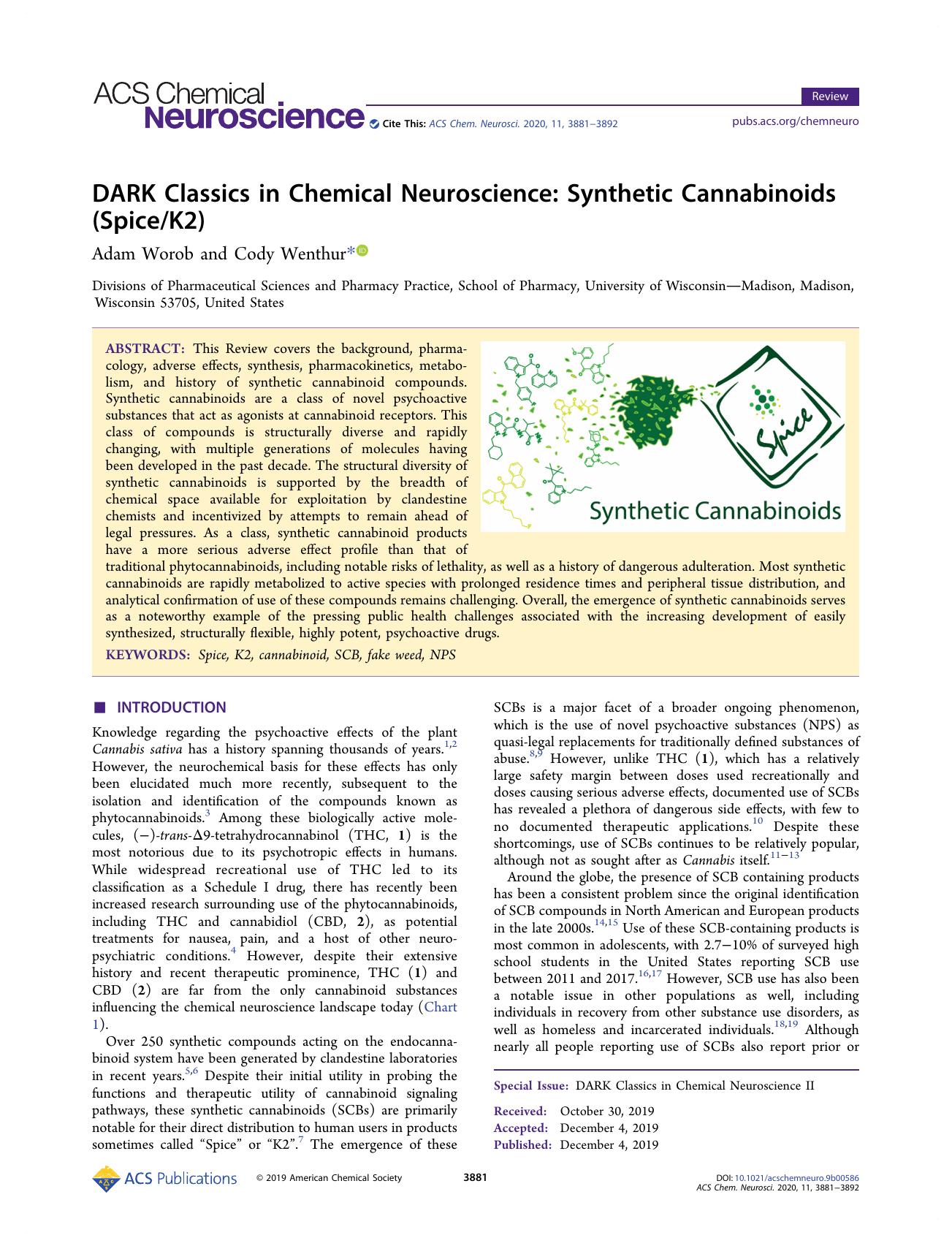 DARK Classics in Chemical Neuroscience: Synthetic Cannabinoids (SpiceK2) by Adam Worob and Cody Wenthur