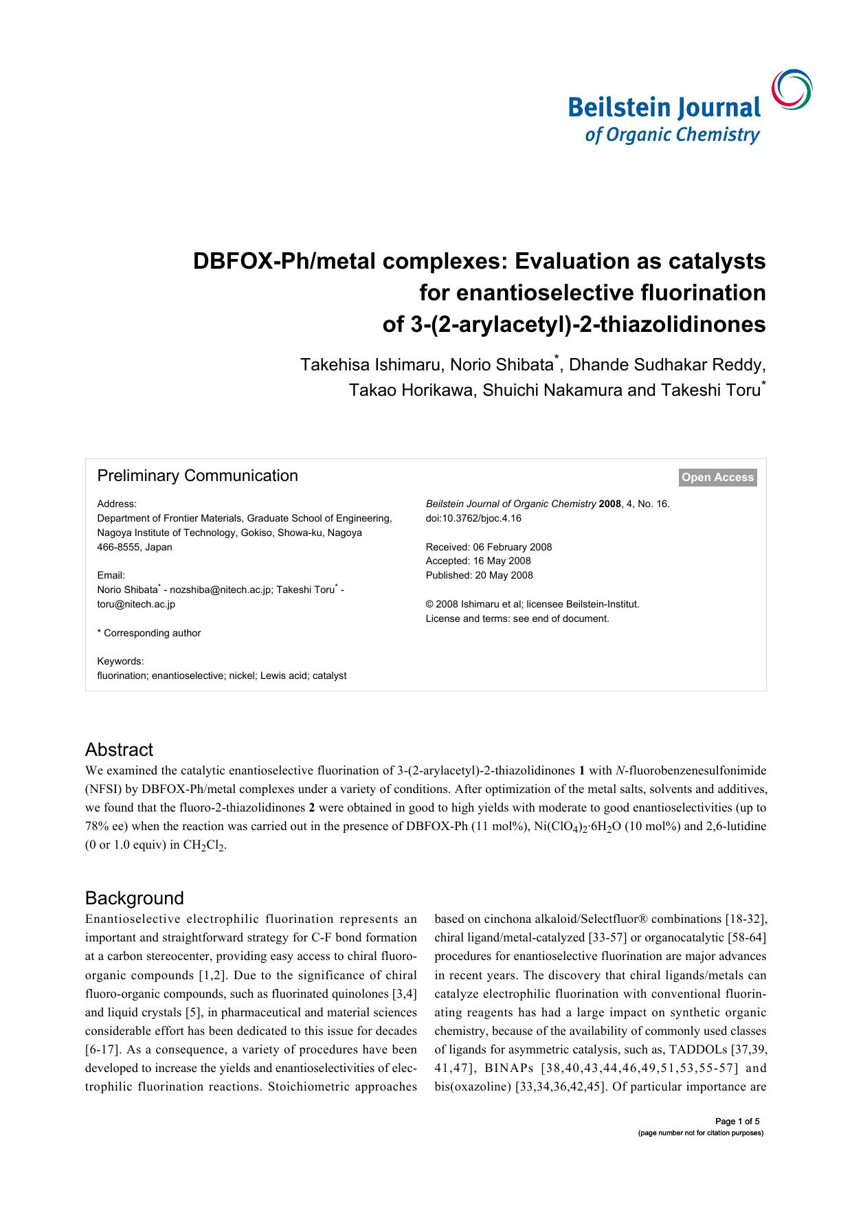 DBFOX-Phmetal complexes: Evaluation as catalysts for enantioselective fluorination of 3-(2-arylacetyl)-2-thiazolidinones by unknow
