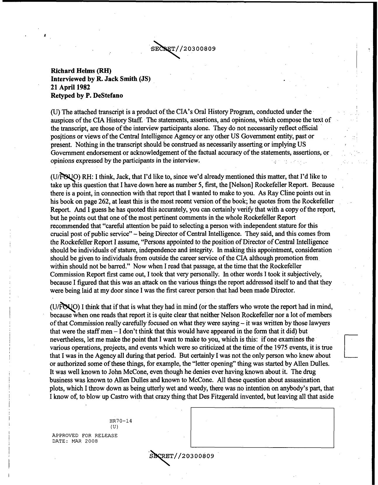 DCI's knowledge of Family Jewels OXCART, Watergate, Laos 4 21 oral by Unknown