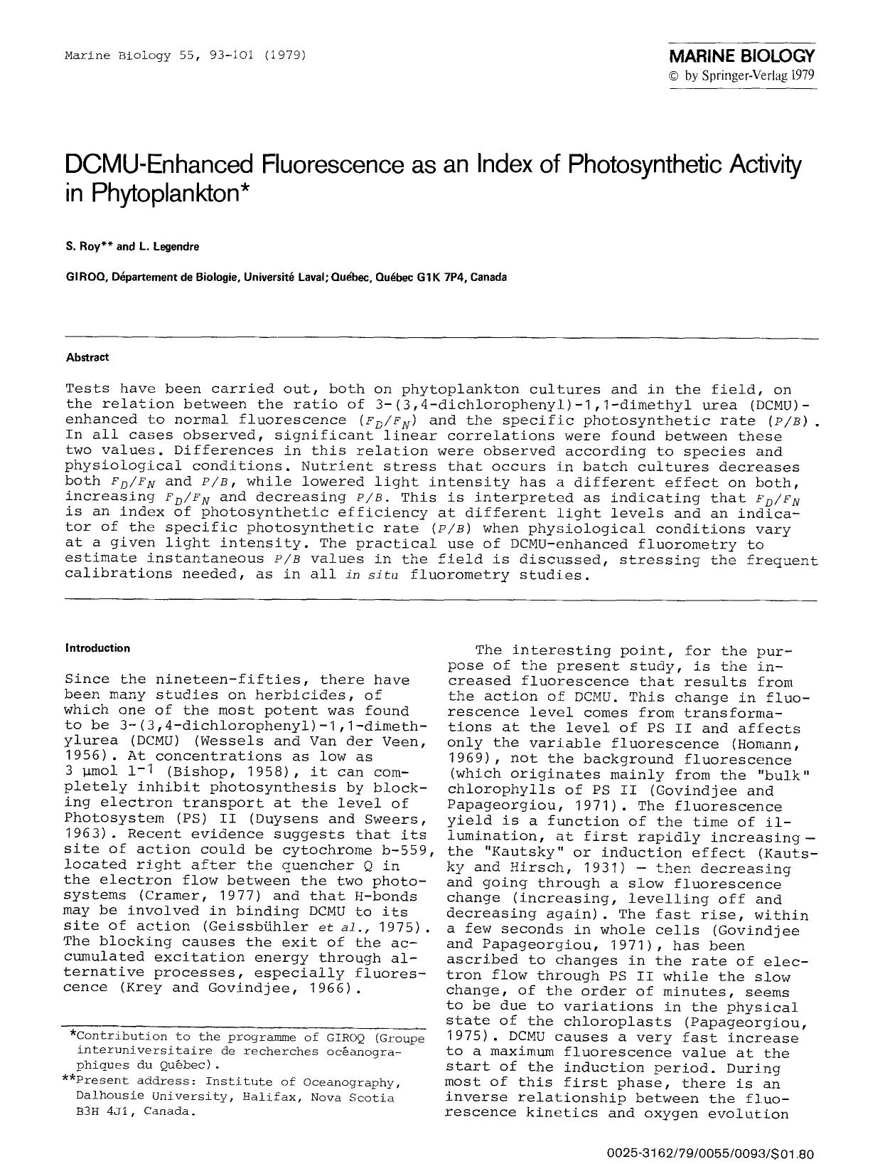 DCMU-enhanced fluorescence as an index of photosynthetic activity in phytoplankton by Unknown