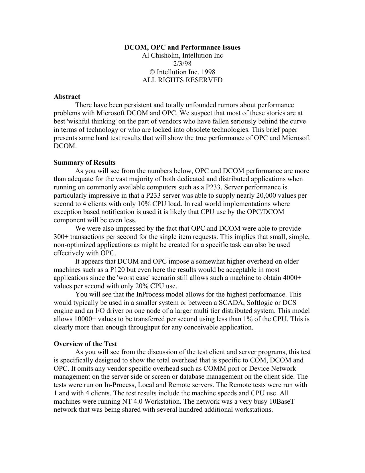 DCOM, OPC and Performance Issues by Al Chisholm