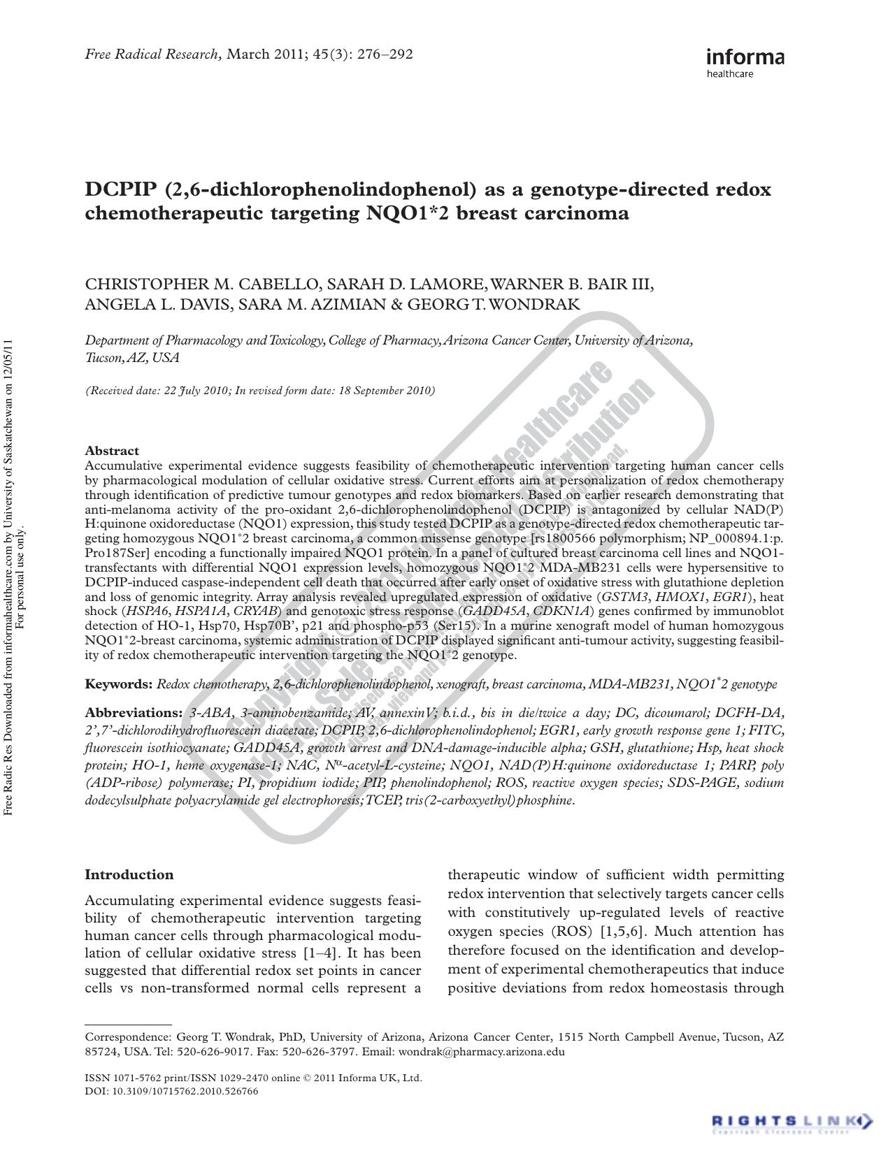 DCPIP (2,6-dichlorophenolindophenol) as a genotype-directed redox chemotherapeutic targeting NQO1*2 breast carcinoma by unknow