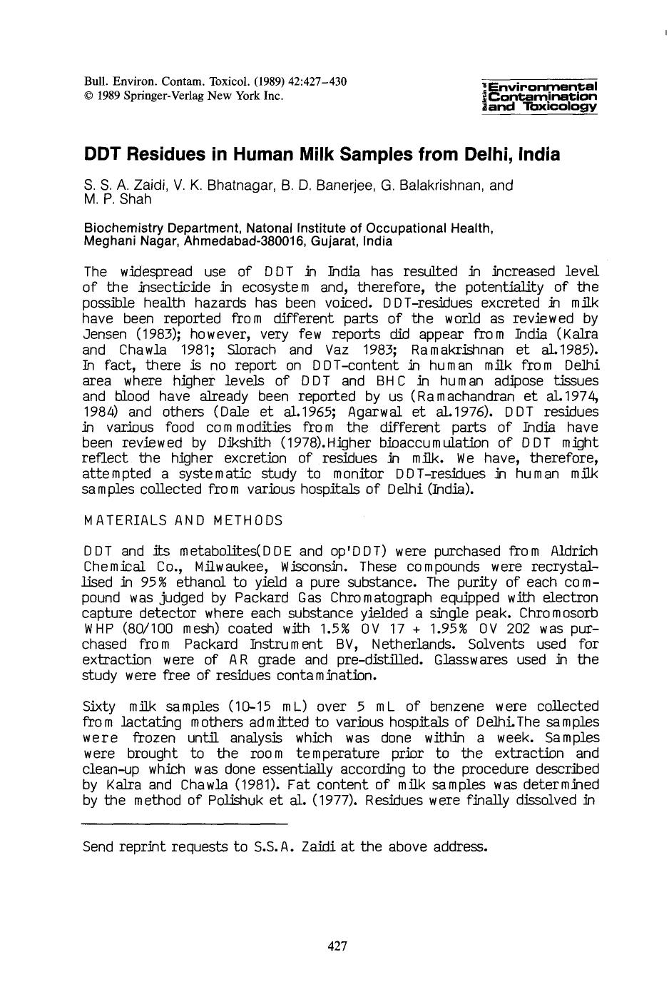 DDT residues in human milk samples from Delhi, India by Unknown