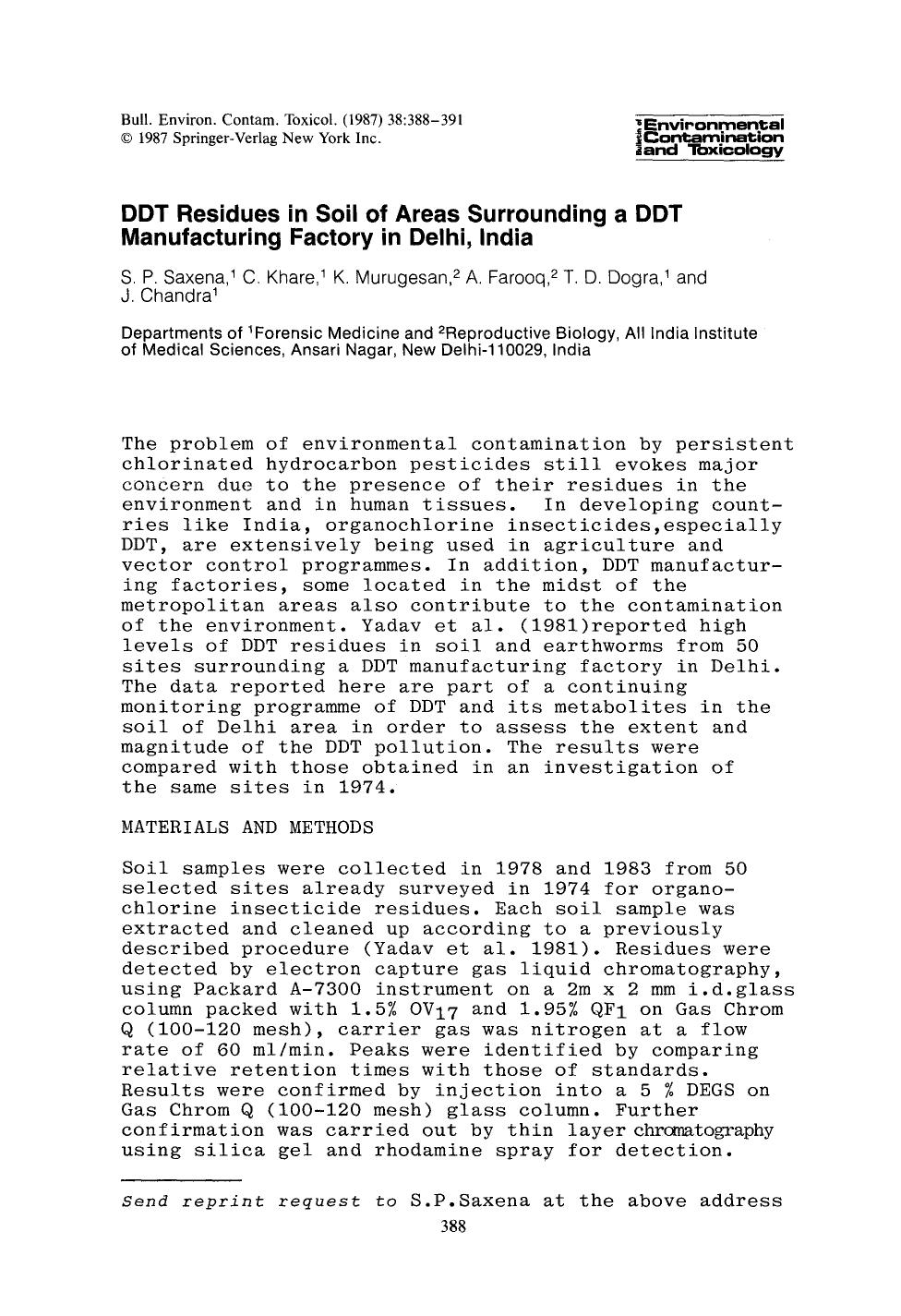 DDT residues in soil of areas surrounding a DDT manufacturing factory in Delhi, India by Unknown