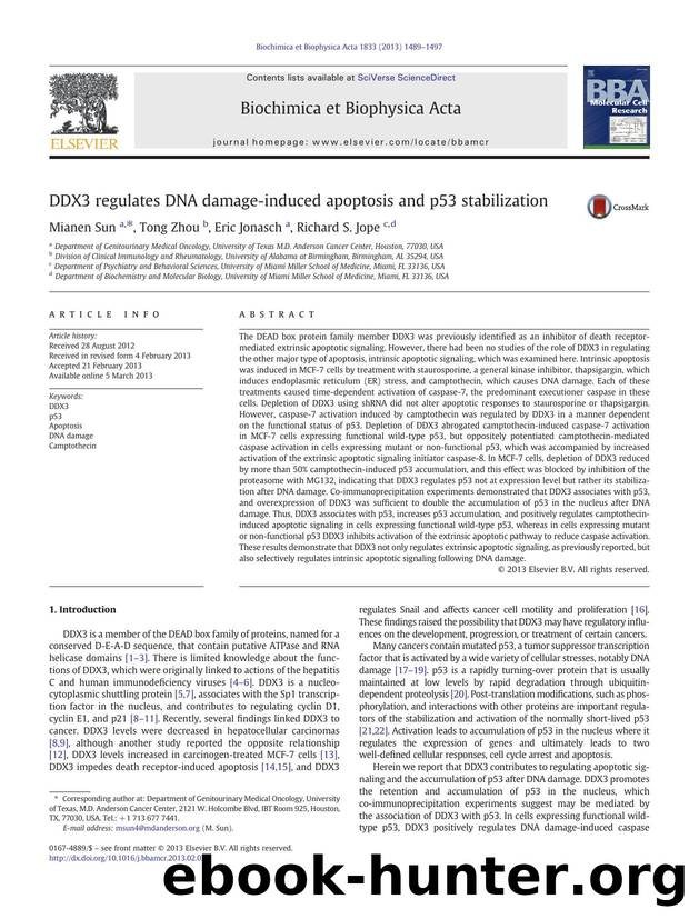 DDX3 regulates DNA damage-induced apoptosis and p53 stabilization by Mianen Sun & Tong Zhou & Eric Jonasch & Richard S. Jope