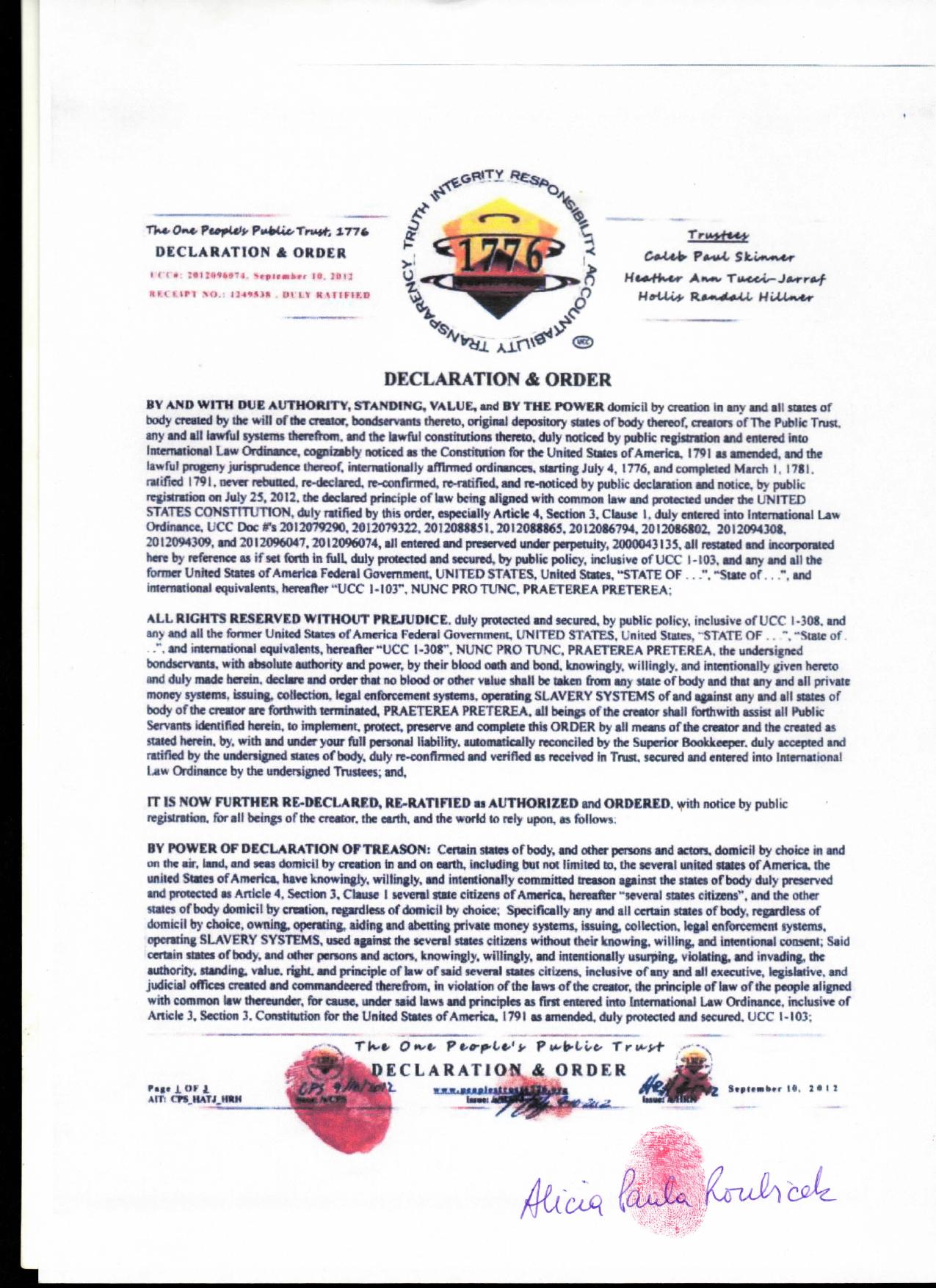 DECLARATION AND ORDER by Unknown