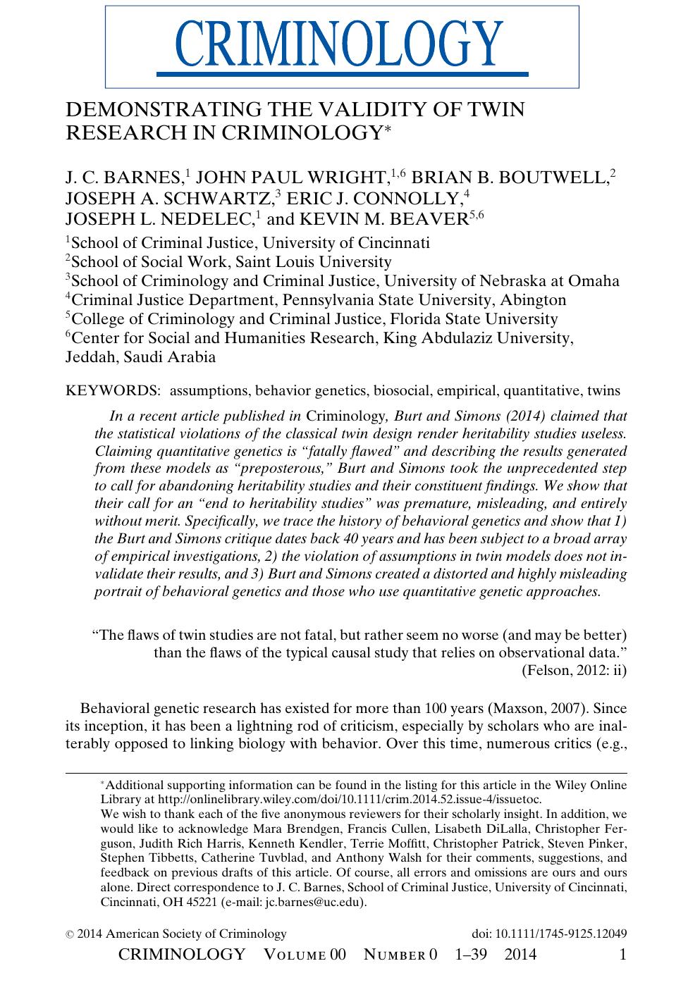 DEMONSTRATING THE VALIDITY OF TWIN RESEARCH IN CRIMINOLOGY<sup>*<sup> by Unknown