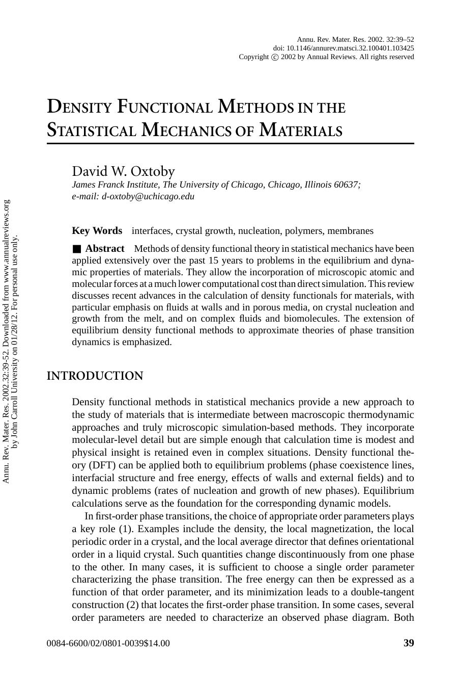 DENSITY FUNCTIONAL METHODS IN THE STATISTICAL MECHANICS OF MATERIALS by David W. Oxtoby