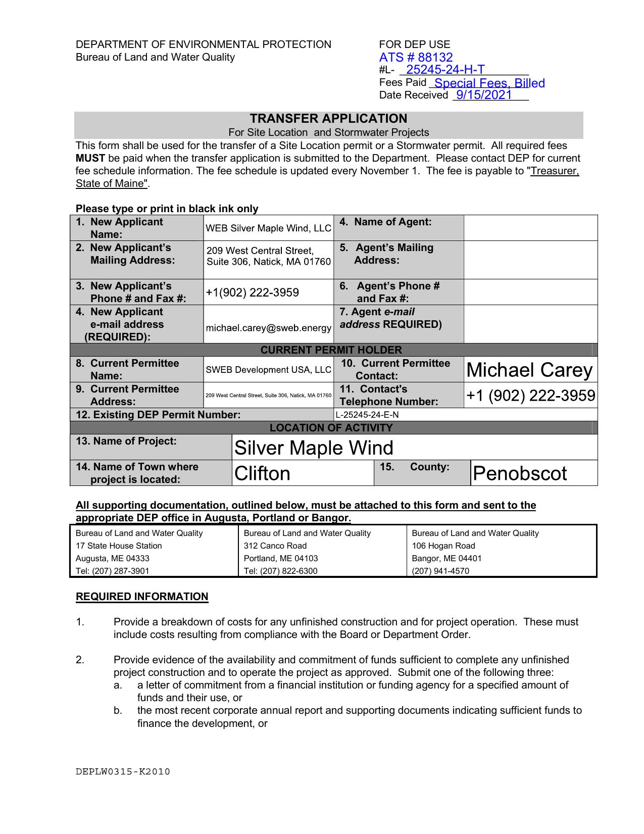 DEP Transfer to SPV - Silver Maple Wind LLC_SIMA_20210714_RCA.pdf by RCA