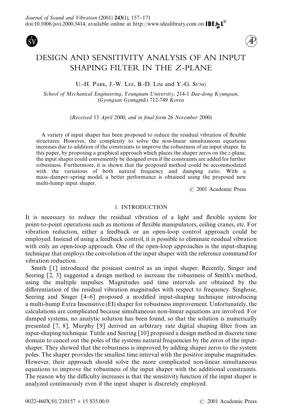DESIGN AND SENSITIVITY ANALYSIS OF AN INPUT SHAPING FILTER IN THE Z-PLANE by PARK U. -H. et al