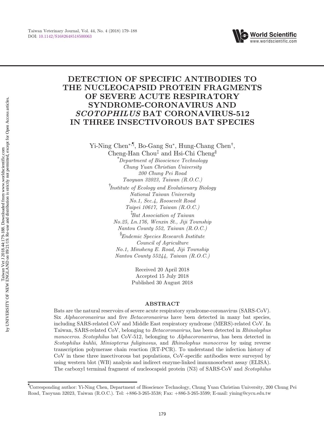 DETECTION OF SPECIFIC ANTIBODIES TO THE NUCLEOCAPSID PROTEIN FRAGMENTS OF SEVERE ACUTE RESPIRATORY SYNDROME-CORONAVIRUS AND SCOTOPHILUS BAT CORONAVIRUS-512 IN THREE INSECTIVOROUS BAT SPECIES by unknow