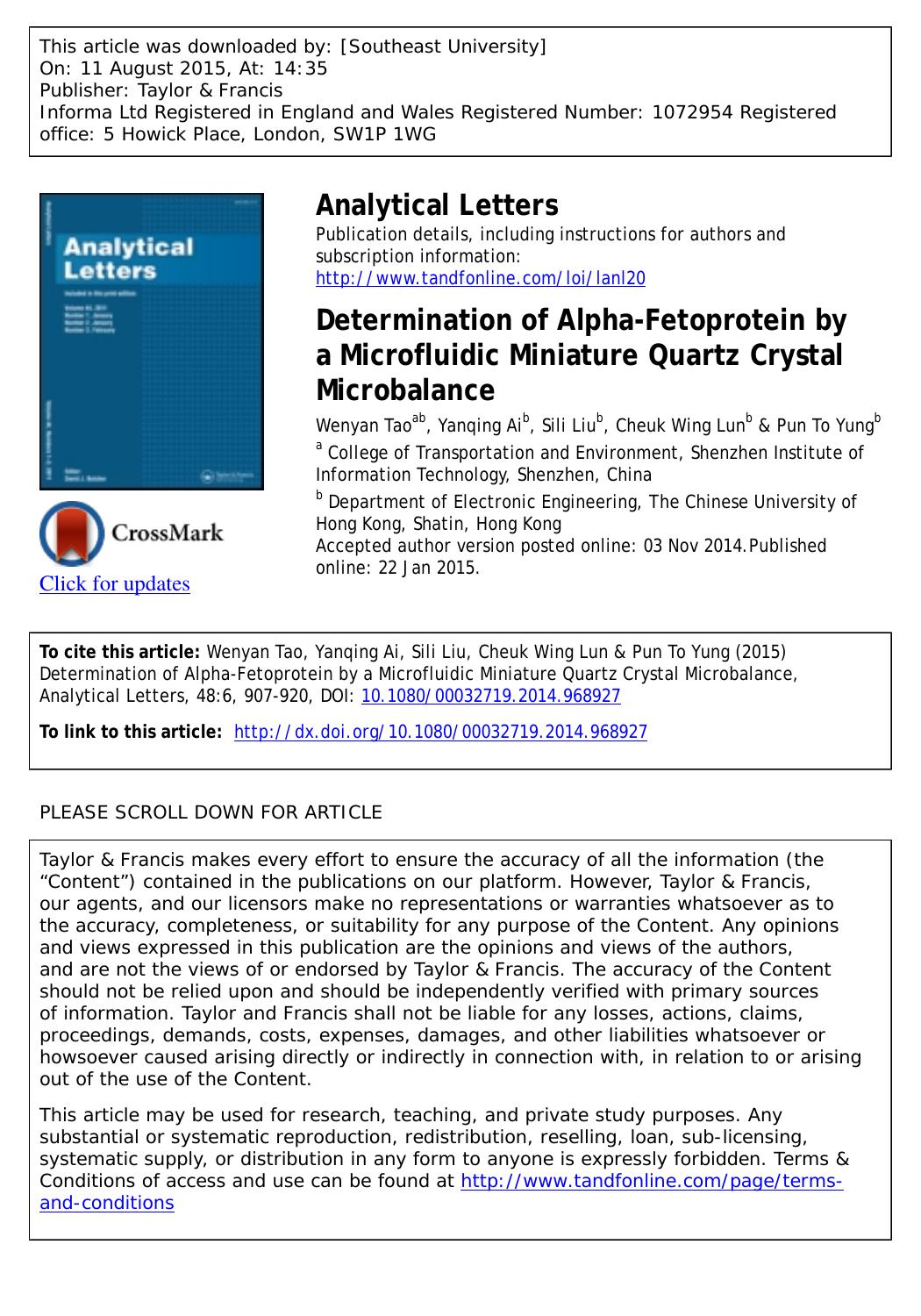 DETERMINATION OF ALPHA-FETOPROTEIN BY A MICROFLUIDIC MINIATURE QUARTZ CRYSTAL MICROBALANCE by Wenyan Tao