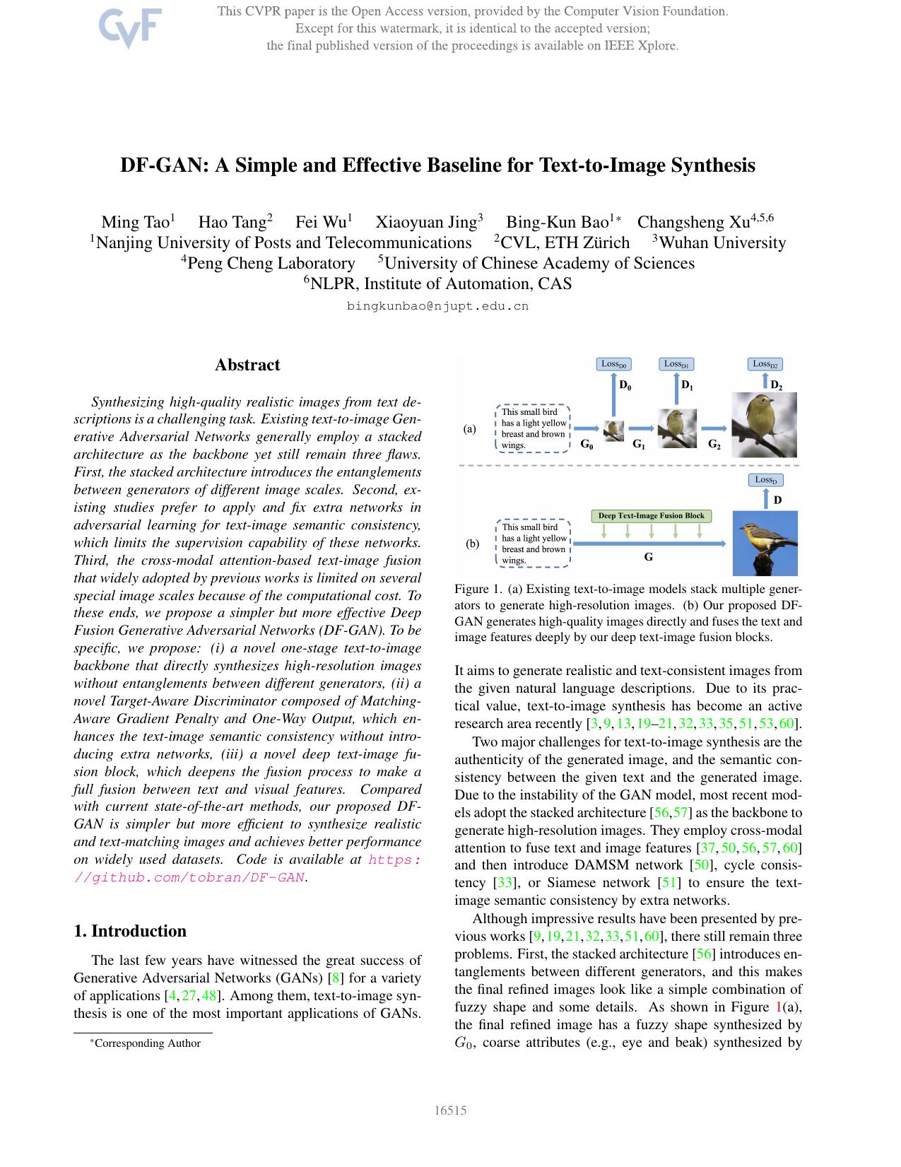 DF-GAN: A Simple and Effective Baseline for Text-to-Image Synthesis by Ming Tao & Hao Tang & Fei Wu & Xiao-Yuan Jing & Bing-Kun Bao & Changsheng Xu
