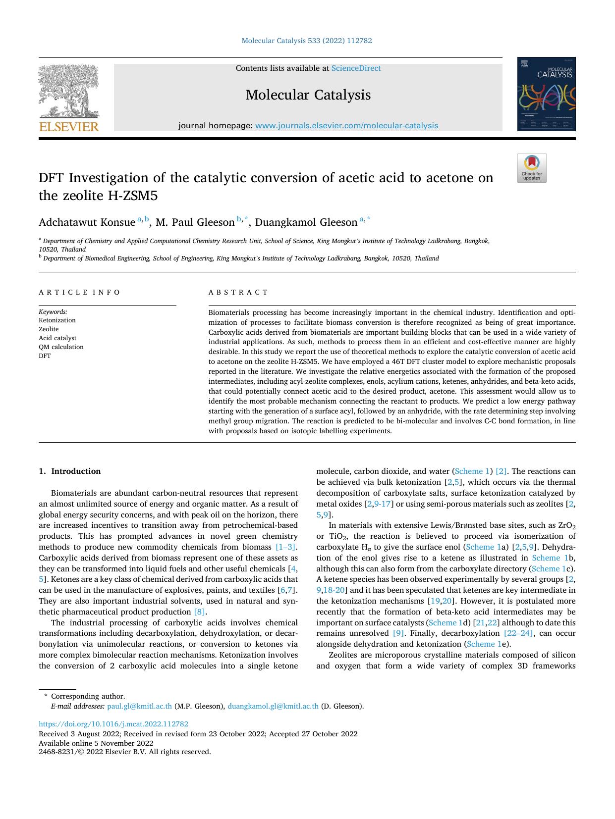 DFT Investigation of the catalytic conversion of acetic acid to acetone on the zeolite H-ZSM5 by Adchatawut Konsue & M. Paul Gleeson & Duangkamol Gleeson