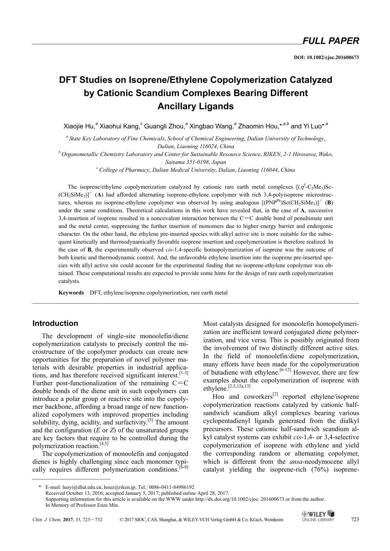 DFT Studies on IsopreneEthylene Copolymerization Catalyzed by Cationic Scandium Complexes Bearing Different Ancillary Ligands: by Administrator