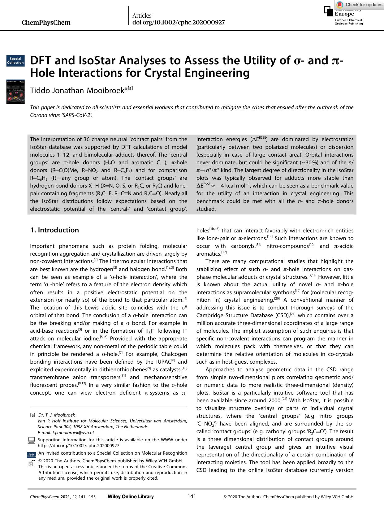 DFT and IsoStar Analyses to Assess the Utility of Ïâ and ÏâHole Interactions for Crystal Engineering by Unknown