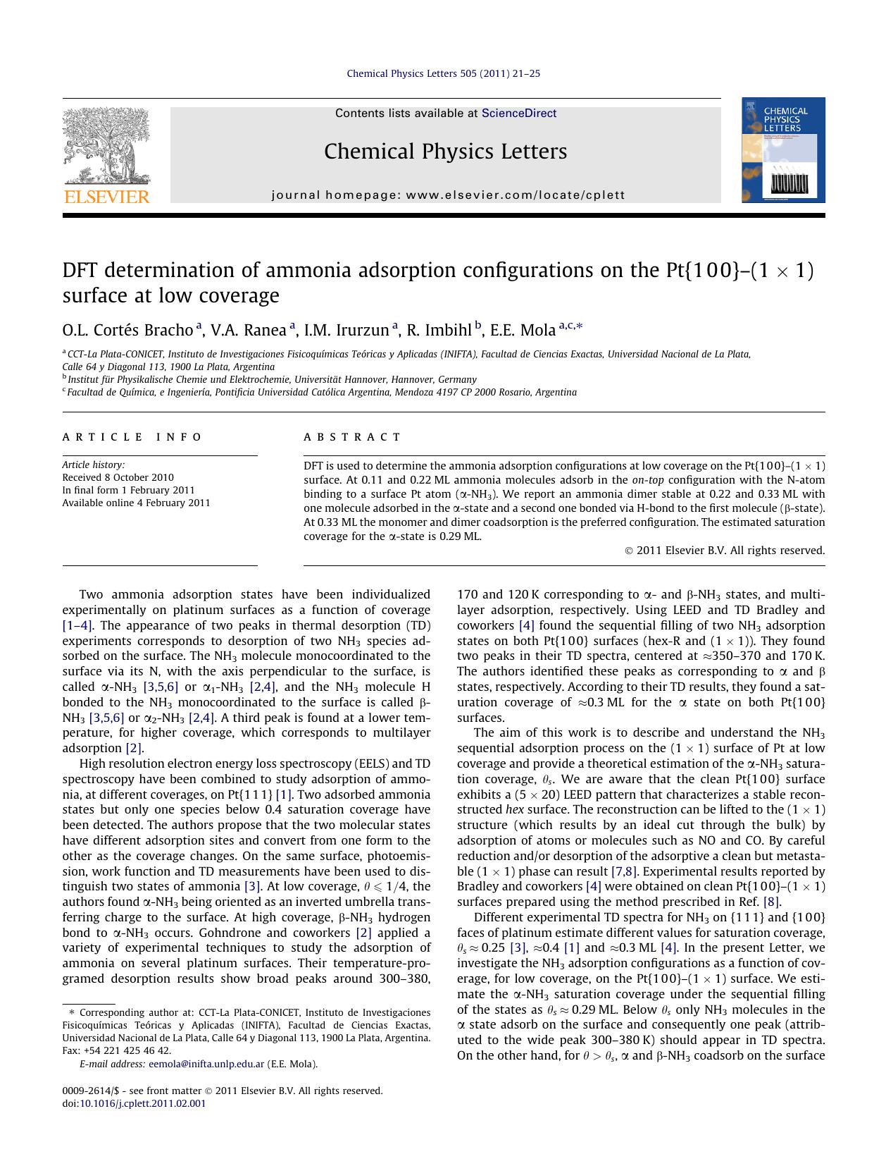 DFT determination of ammonia adsorption configurations on the Pt{100}Ã¢â¬â(1Ãâ1) surface at low coverage by O.L. CortÃ©s Bracho & V.A. Ranea & I.M. Irurzun & R. Imbihl & E.E. Mola