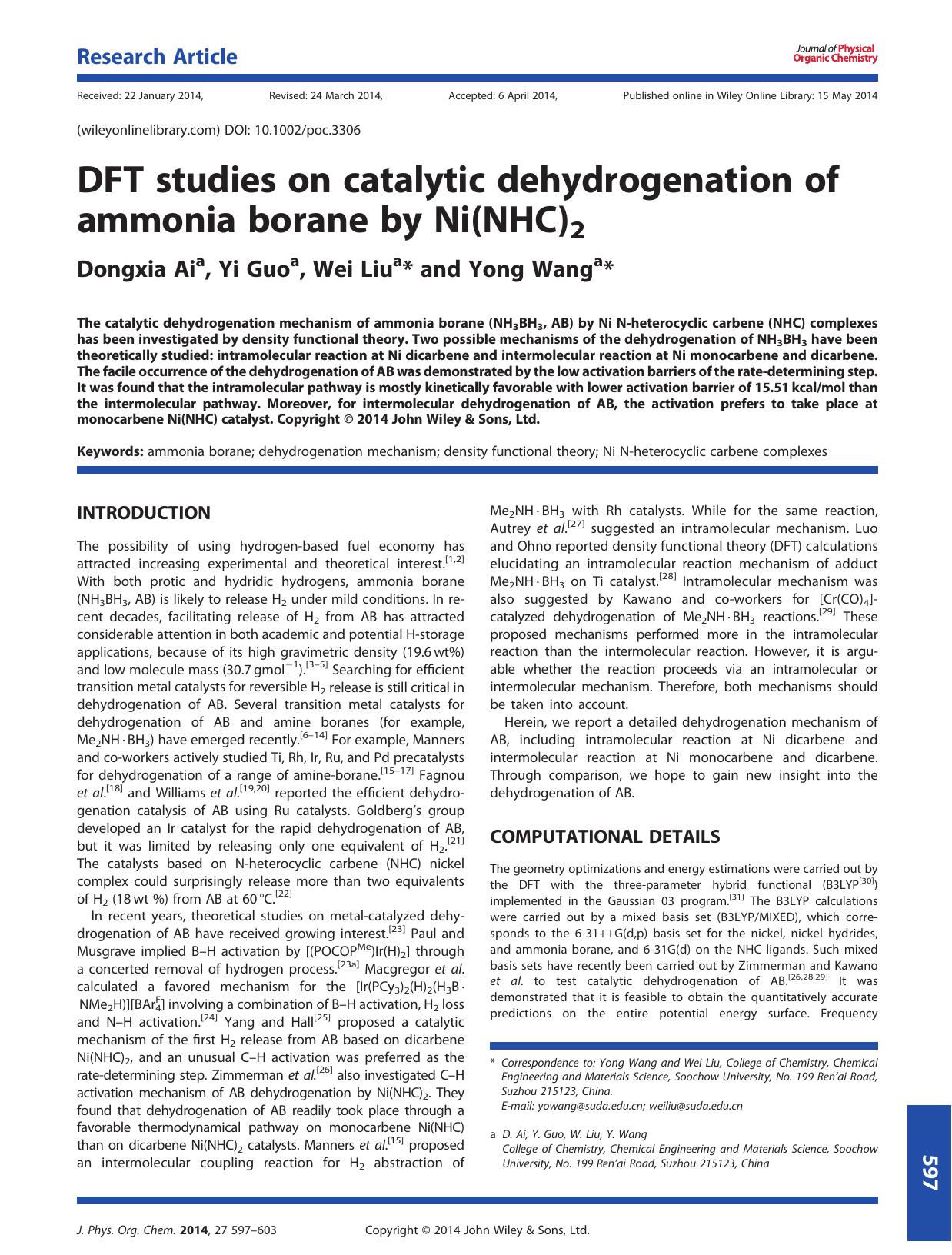 DFT studies on catalytic dehydrogenation of ammonia borane by Ni(NHC)2 by Dongxia Ai & Yi Guo & Wei Liu & Yong Wang