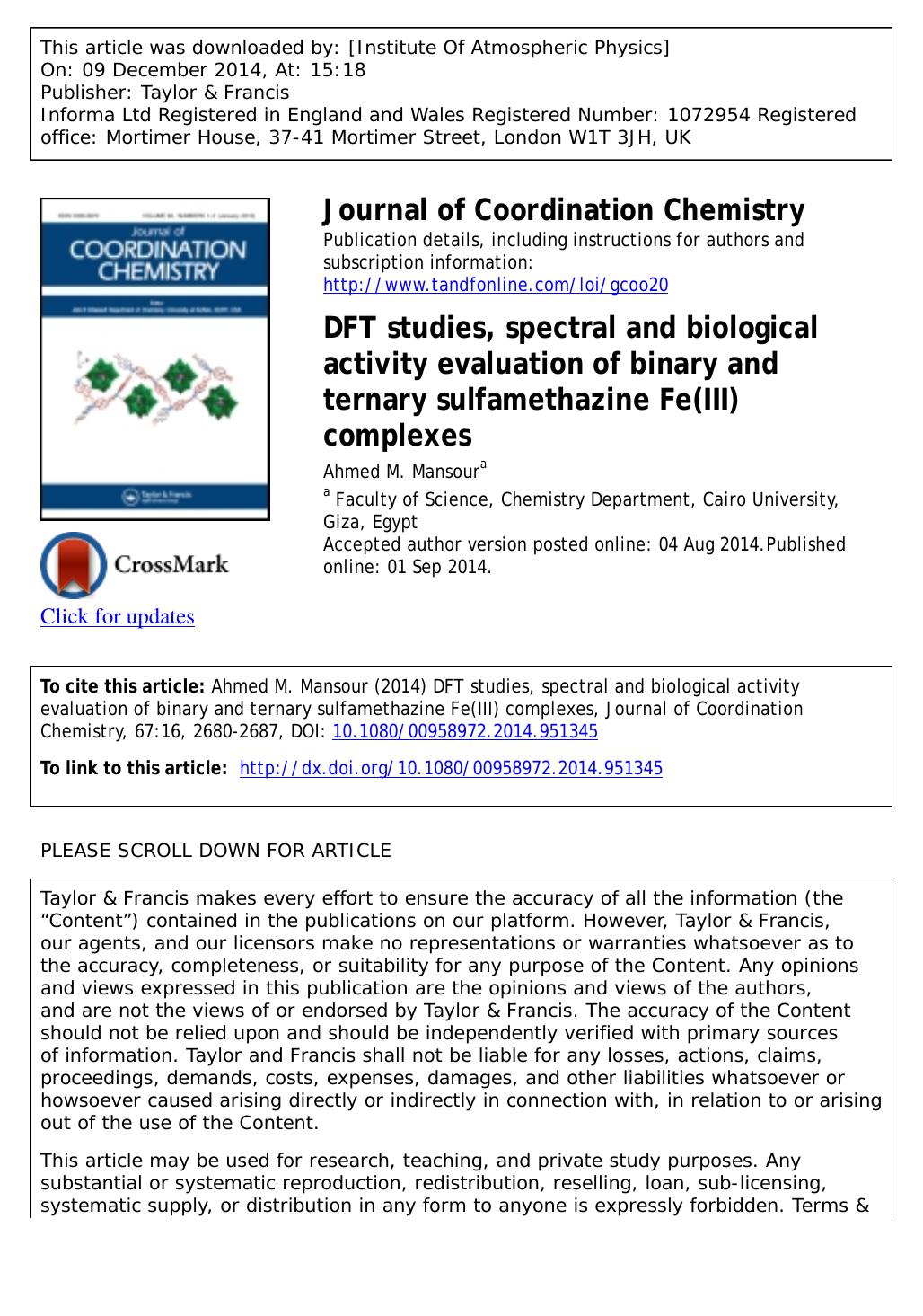 DFT studies, spectral and biological activity evaluation of binary and ternary sulfamethazine Fe(III) complexes by Ahmed M. Mansour