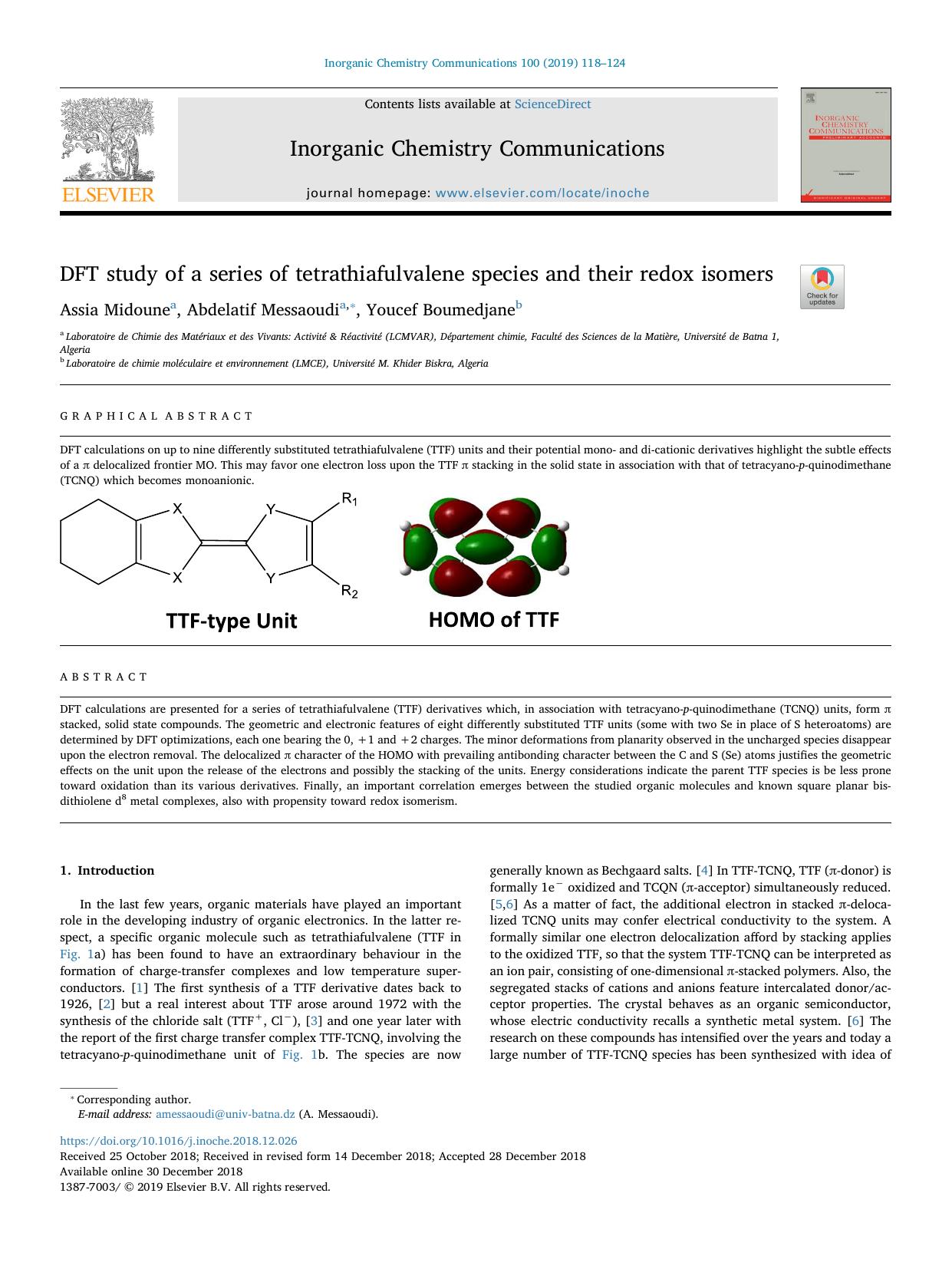 DFT study of a series of tetrathiafulvalene species and their redox isomers by Assia Midoune & Abdelatif Messaoudi & Youcef Boumedjane