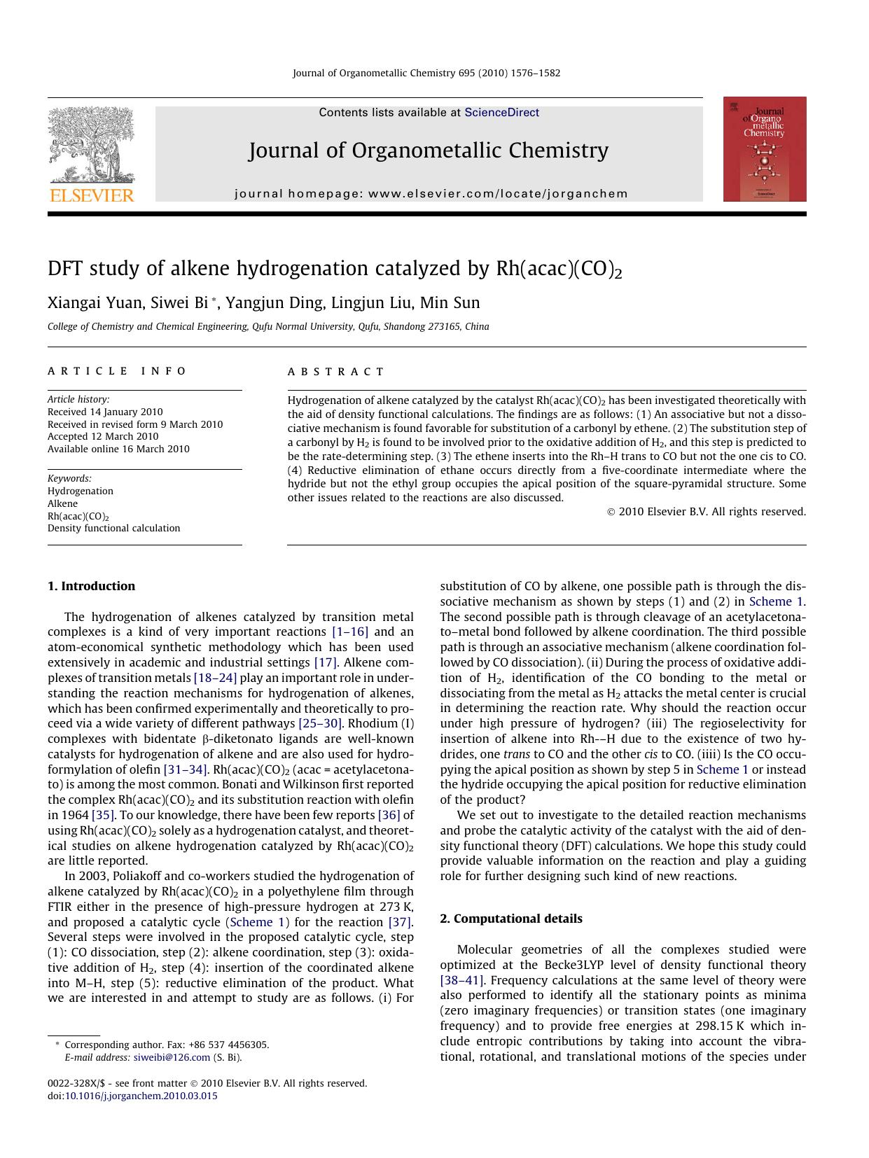 DFT study of alkene hydrogenation catalyzed by Rh(acac)(CO)2 by Xiangai Yuan; Siwei Bi; Yangjun Ding; Lingjun Liu; Min Sun