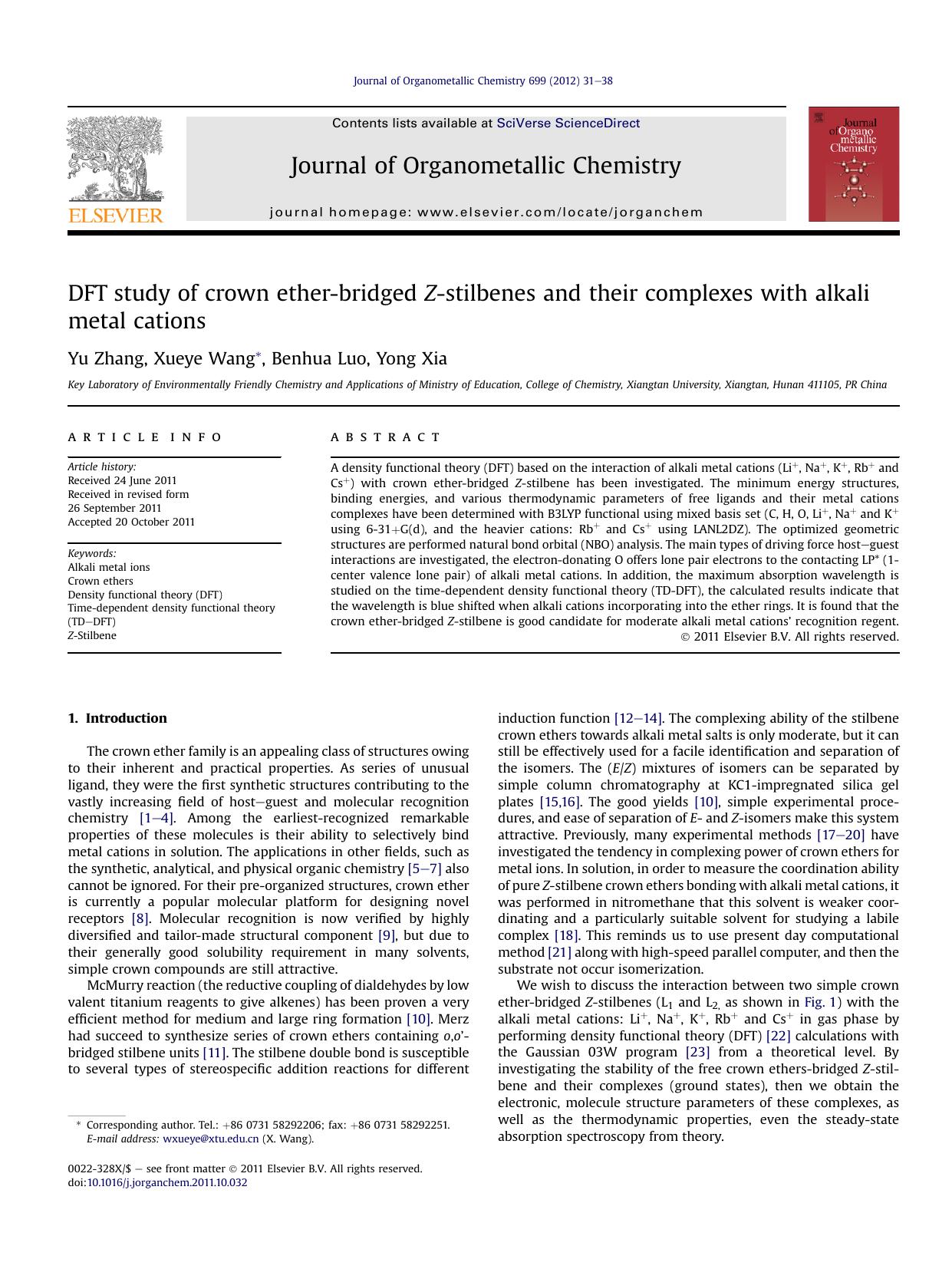 DFT study of crown ether-bridged Z-stilbenes and their complexes with alkali metal cations by Yu Zhang & Xueye Wang & Benhua Luo & Yong Xia
