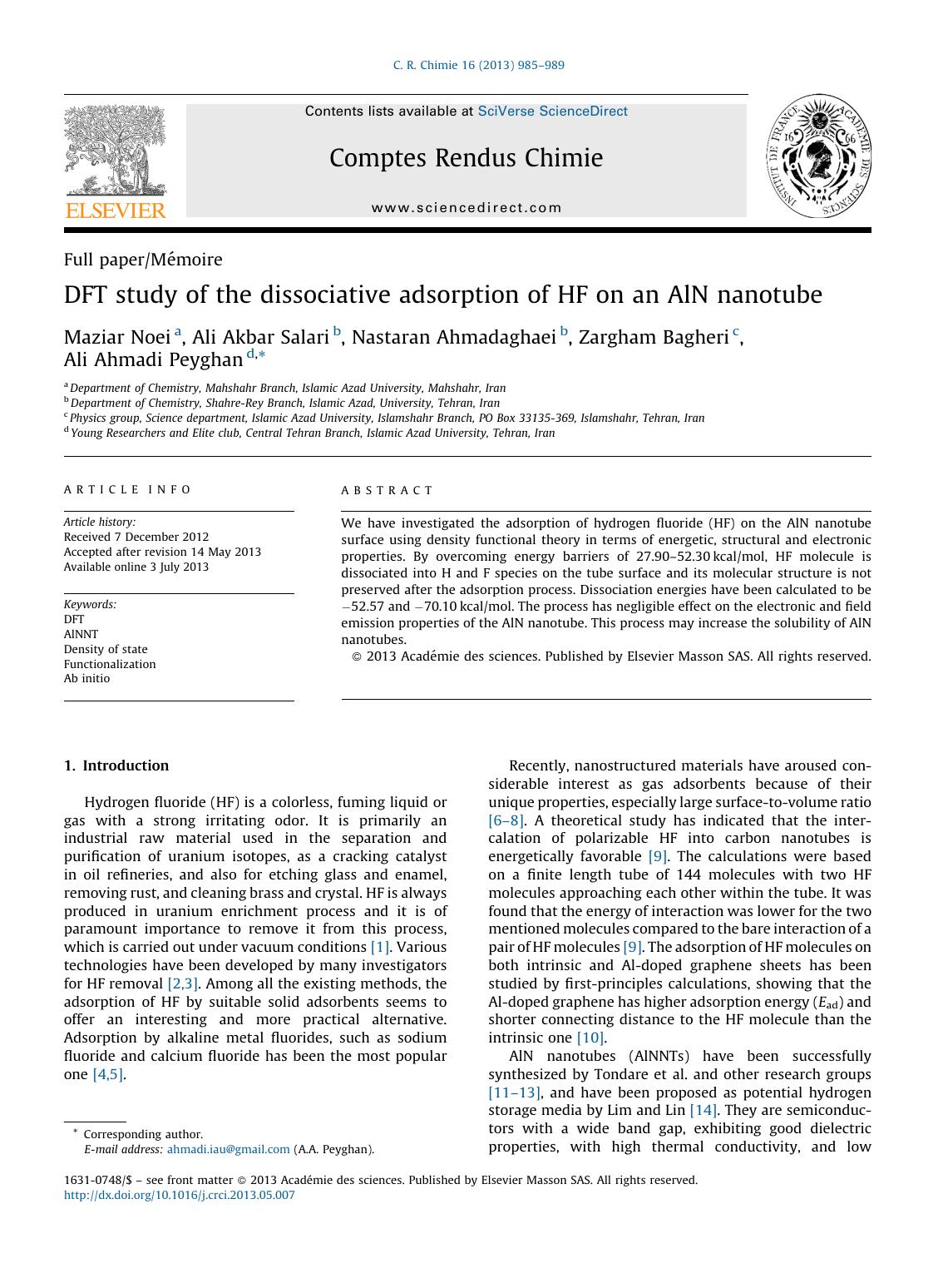DFT study of the dissociative adsorption of HF on an AlN nanotube by Maziar Noei