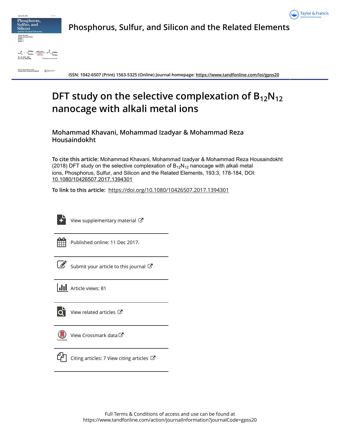 DFT study on the selective complexation of B12N12 nanocage with alkali metal ions by Mohammad Khavani & Mohammad Izadyar & Mohammad Reza Housaindokht
