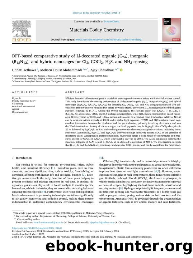 DFT-based comparative study of Li-decorated organic (C24), inorganic (B12N12), and hybrid nanocages for Cl2, COCl2, H2S, and NH3 sensing by Unnati Jethawa & Mohsen Doust Mohammadi & Ajay Chaudhari