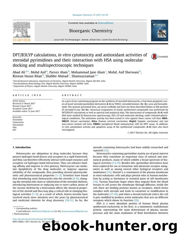 DFTB3LYP calculations, in vitro cytotoxicity and antioxidant activities of steroidal pyrimidines and their interaction with HSA using molecular docking and multispectroscopic techniques by unknow