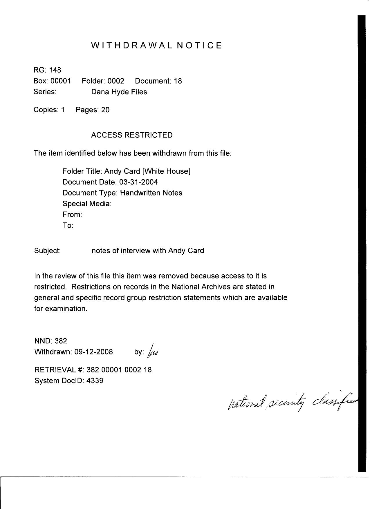 DH B2 Andrew Card White House Fdr- Questions and Withdrawal Notice for Handwritten Interview Notes by Unknown