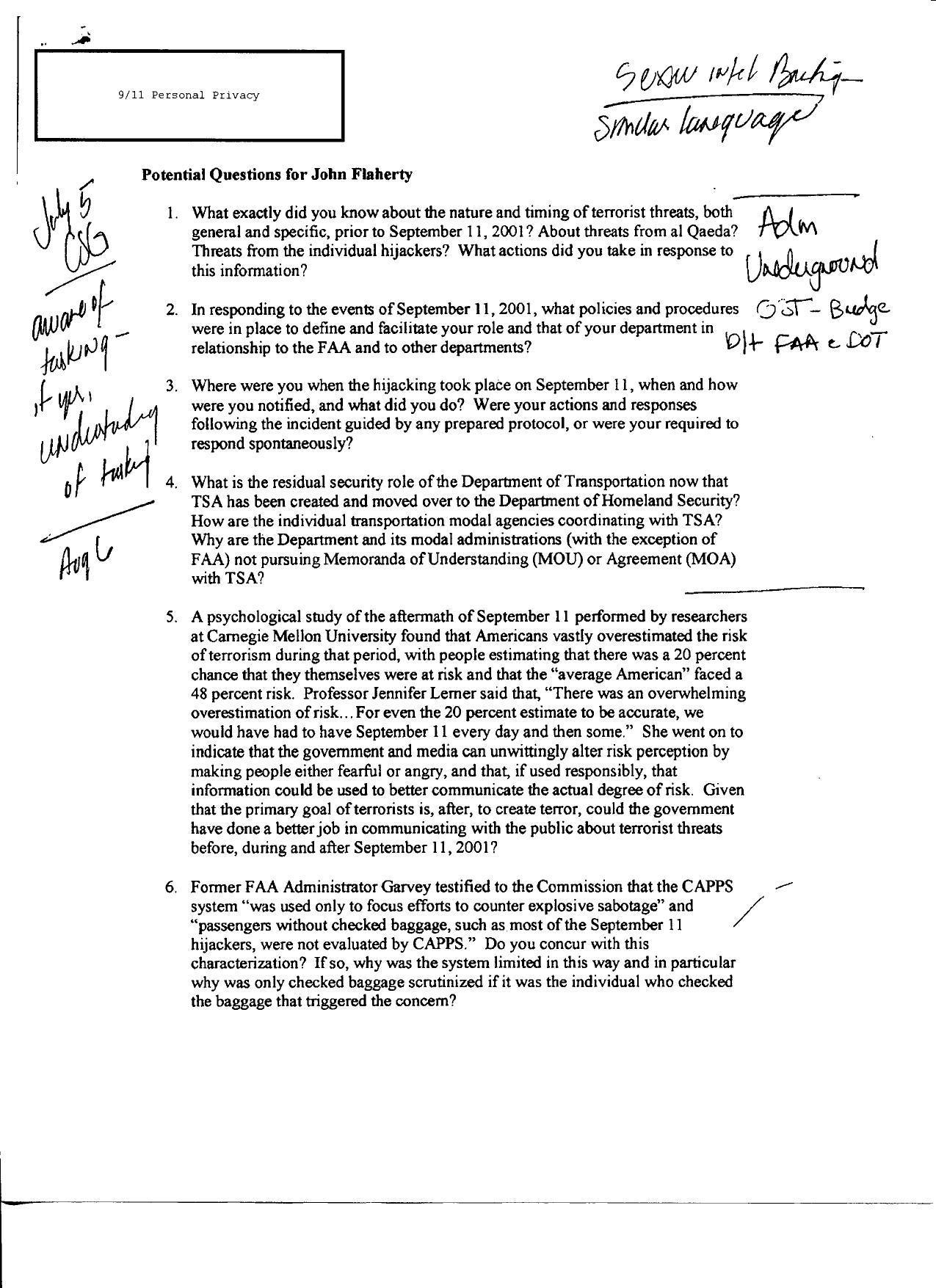 DH B2 John Flaherty- Mineta Chief of Staff Fdr- Questions and Handwritten Interview Notes by Unknown