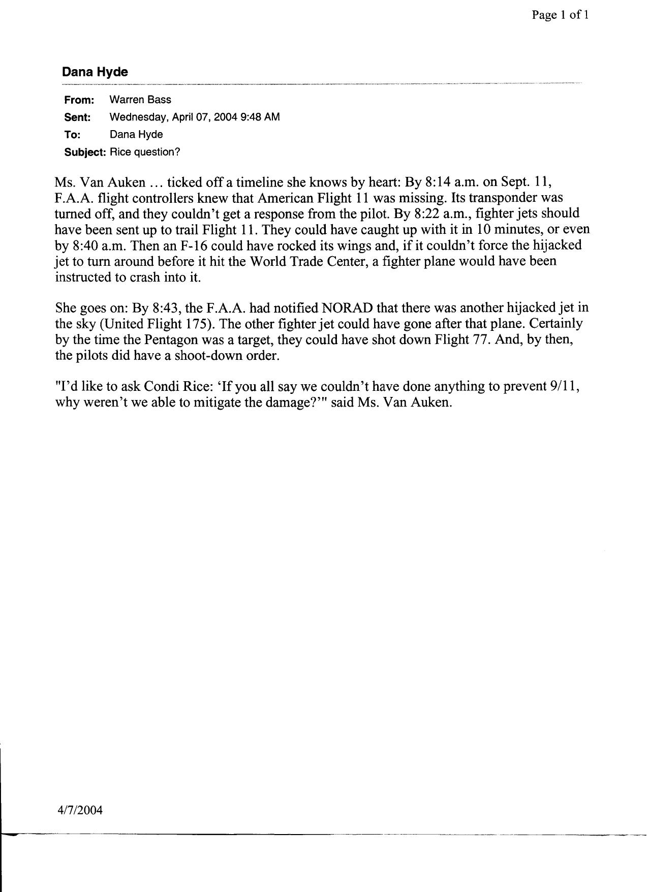 DH B3 White House Timelines Fdr- Emails re Family Questions re FAA- NORAD- Amalgam Virgo- Morrocco- Rice by Unknown