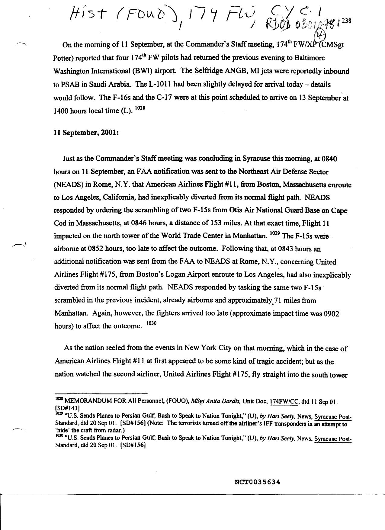 DH B4 Andrews AFB Logs-Timelines Fdr- Excerpts- Filson- Report on Noble Eagle- History- Timelines by Unknown