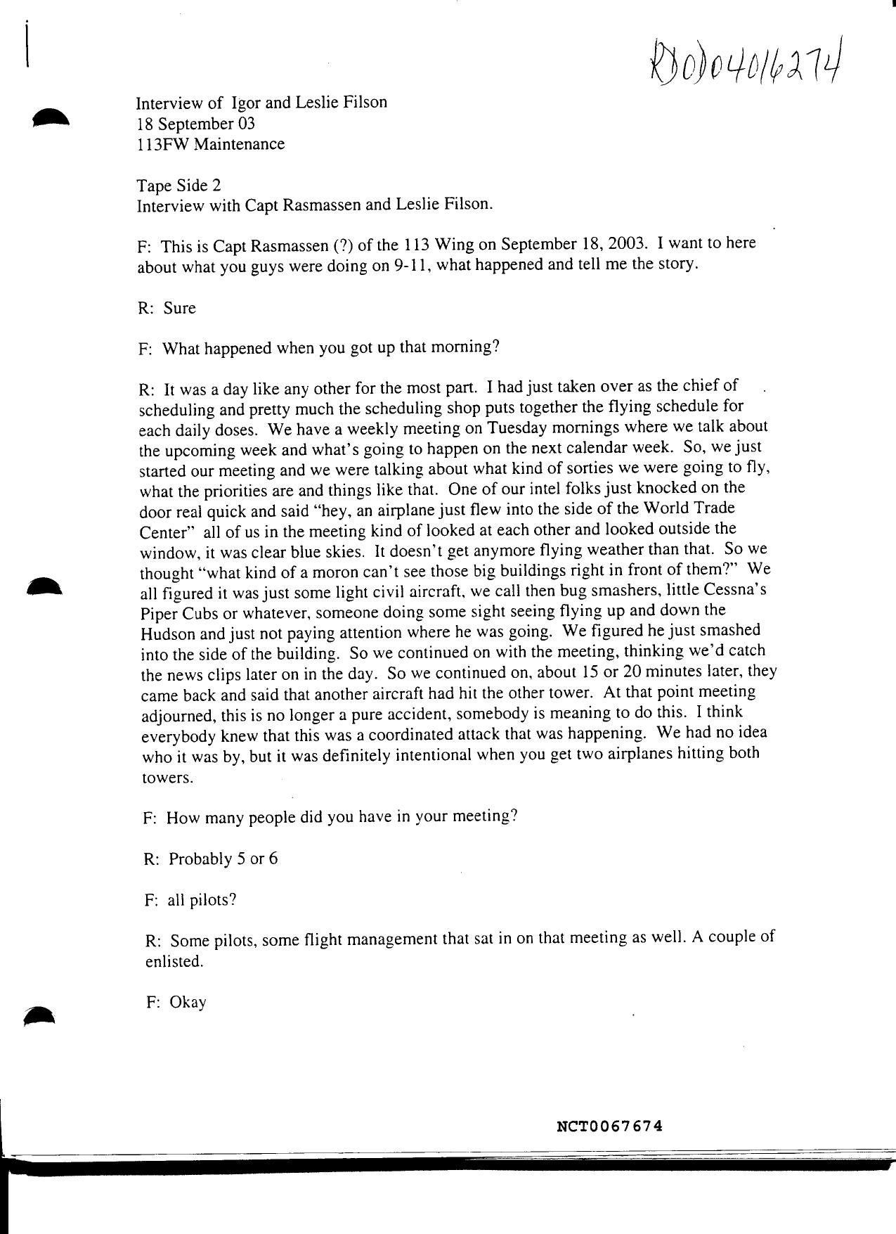 DH B4 Andrews AFB Logs-Timelines Fdr- Interview Leslie Filson and Capt Rasmussen Tape 2- Sass and Fgor by Unknown