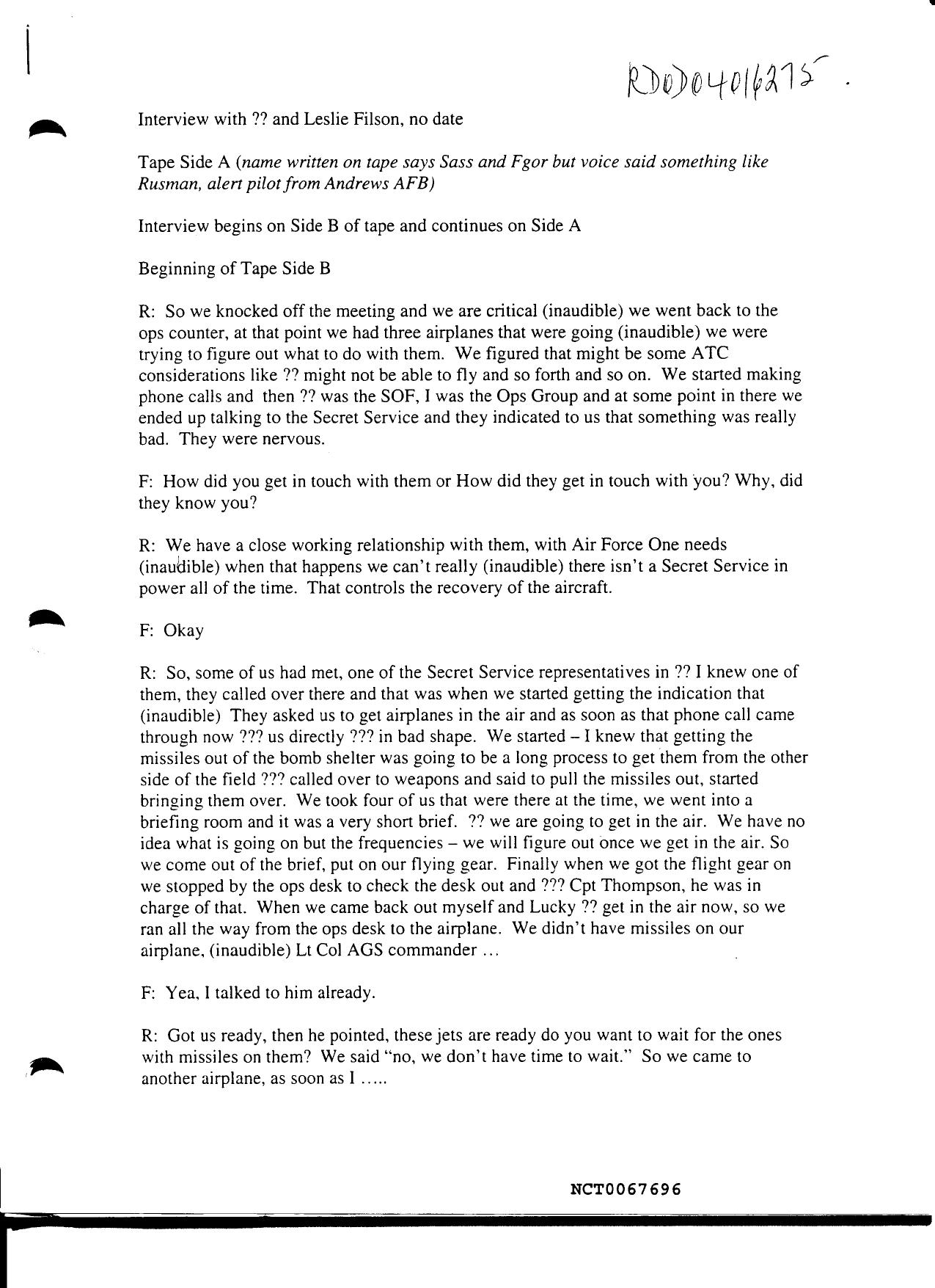 DH B4 Andrews AFB Logs-Timelines Fdr- Interview Leslie Filson and Capt Rasmussen- Sass and Igor by Unknown