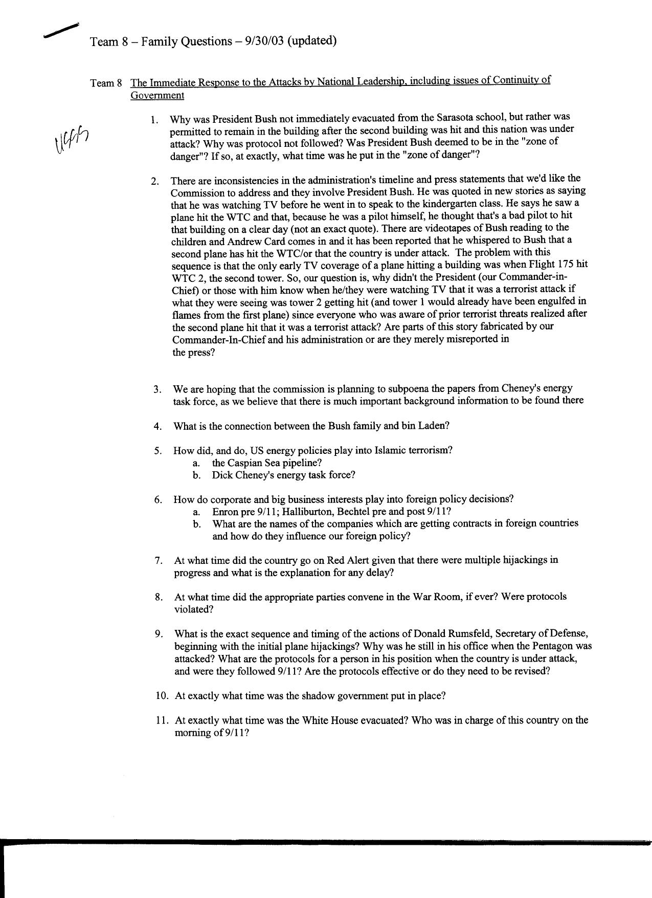 DH B4 White House Family Questions Fdr- 9-30-03 Team 8 Questions by Unknown
