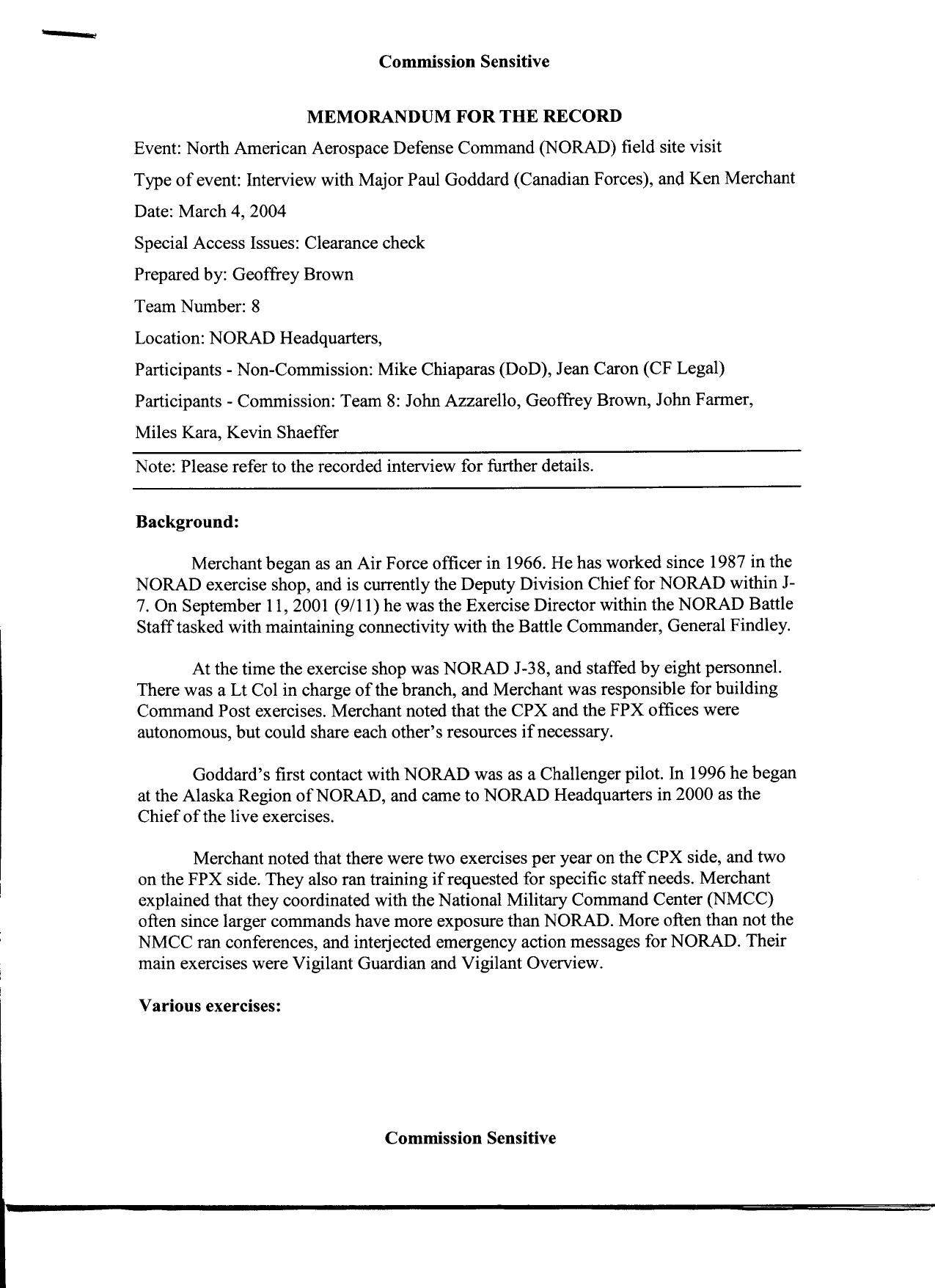DH B5 DOD-NORAD Notes Fdr- 3-4-04 MFR- Maj Paul Goddard (Canada) and Ken Merchant- Military Exercises by Unknown