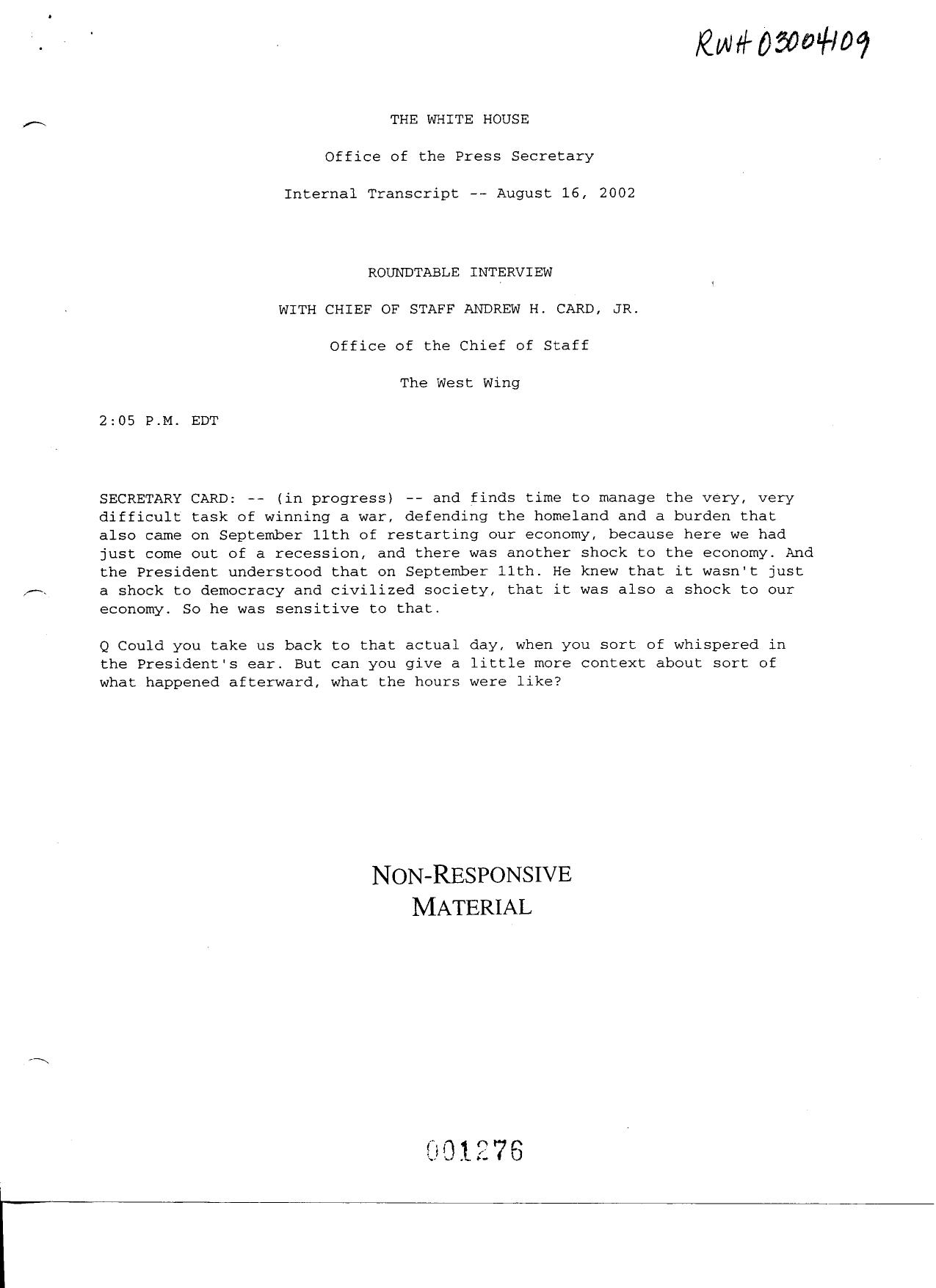DH B7 EOP Produced Documents Vol IV Fdr- White House Internal Transcript- 8-16-02 Card Interview 818 by Unknown