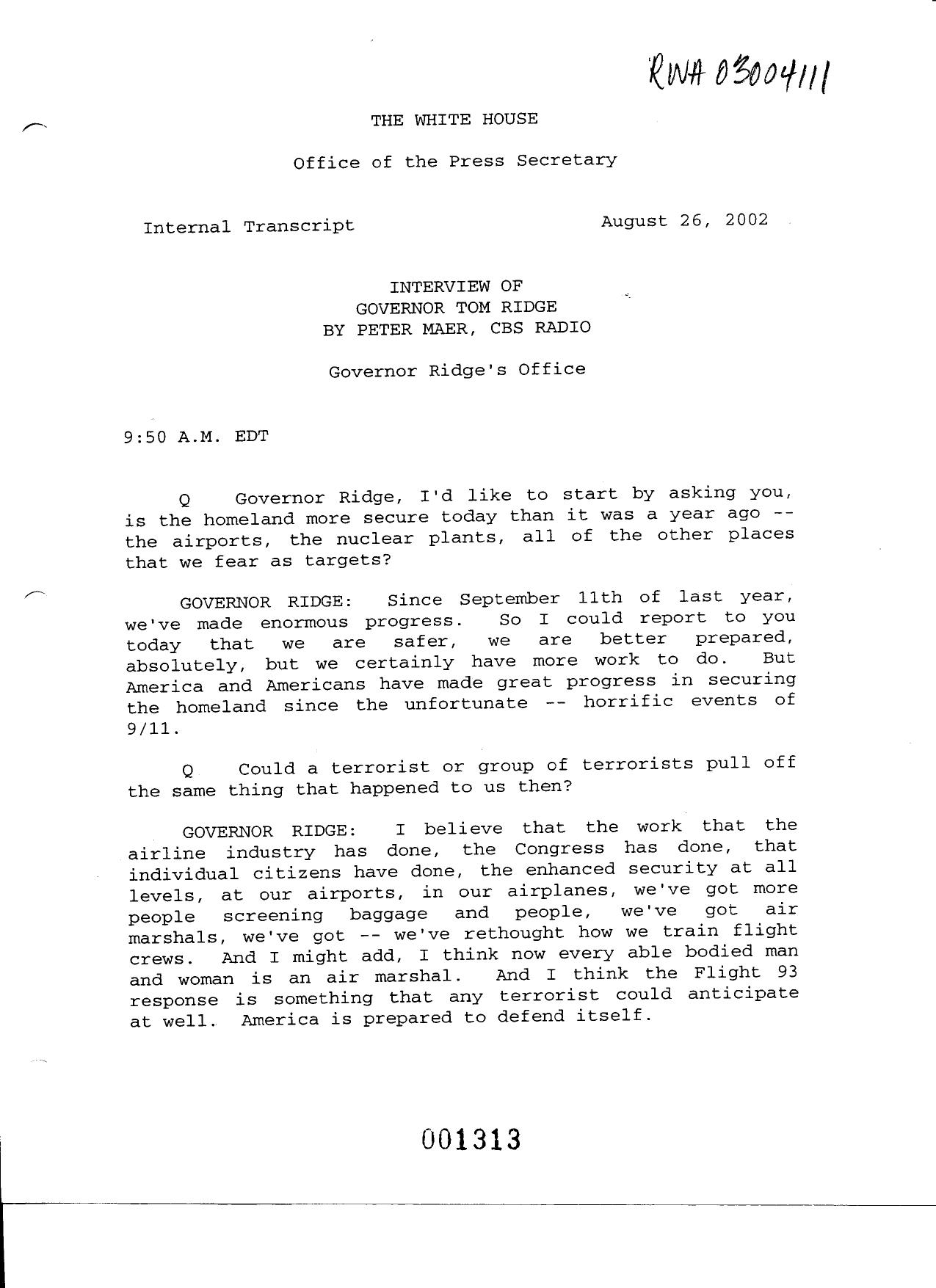 DH B7 EOP Produced Documents Vol IV Fdr- White House Internal Transcript- 8-26-02 Ridge Interview 820 by Unknown