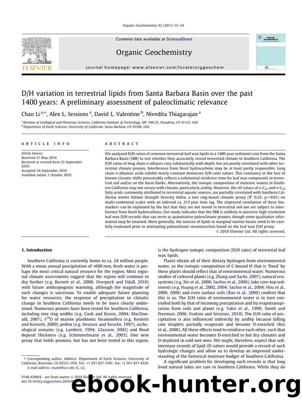 DH variation in terrestrial lipids from Santa Barbara Basin over the past 1400years: A preliminary assessment of paleoclimatic relevance by Chao Li & Alex L. Sessions & David L. Valentine & Nivedita Thiagarajan